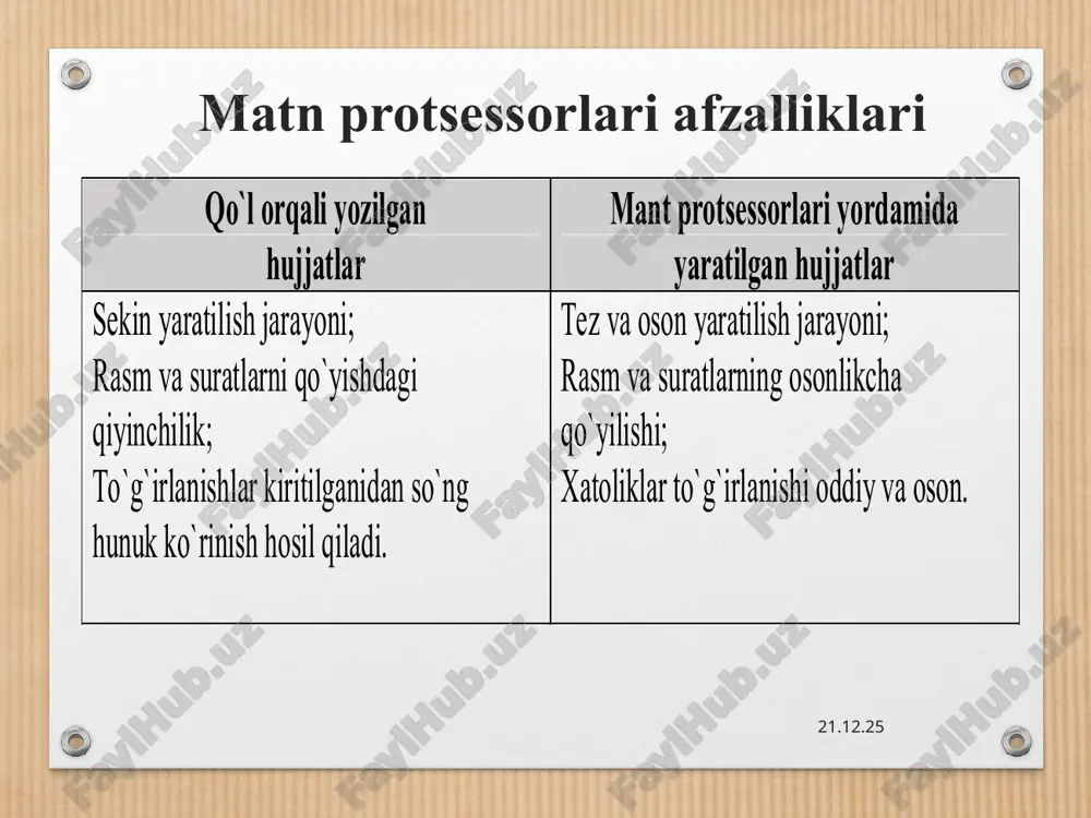 tarjima qilish kabi vazifalarni bajaradi. * hujjatga himoya qo’yish. * ssilki menyusi ko’rinishi. * nazorat savollari microsoft word dasturi ishchi oynasi vаzifаlаrini аytib bеring. asosiy menyu qatoriga nimаlаr kiradi? microsoft word dasturida makroslar bilan ishlash qanday amalga oshiriladi? smart art, word art vаzifаlаrini аytib bеring. qanday matn muxarriri turlari mavjud аytib bеring. giperbog`lanish qanday amalga oshirishni tushintirib bеring. word аdpda hujjatdagi so`zni qidirib, o`zgartirish vazifasi qanday amalga oshiriladi? hujjatni chop etish qanday amalga oshiriladi? * * * * 4-mustaqil ish ms word dasturida o`zingizni tarjimai xolingizni yozib chiqing. ms word dasturida jadval tayyorlang. (№, fio, uy adresi, tug`ilgan yili, telefon raqami, ish yoki o`qish joyi) kabi 10 kishining ma`limotlari bilan to`ldirilsin. ms word dasturida smartart dan foydalanib xoxlagan mavzu bo`yicha klaster tayyorlang. masalan: diagramma funksiyasidan doydalanib ixtiyoriy yarating masalan: matnga ssilka qoying [1] giperssilka yordamida biror matnni rasm bilan bog`lang. klaviaturada yo`q simvollardan foydalanib biror belgini matn orasiga joylashtiring. masalan …