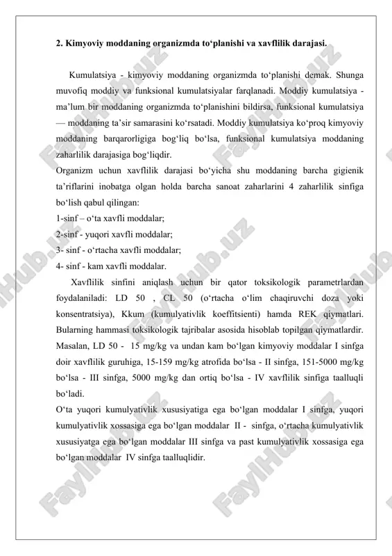 ga kimyoviy moddalarning ta’sir etish mumkinligini kamaytirishga qaratilgan tadbirlar (umumzaharli ta’sirlarning oldini olishga qaratilgan tadbirlar kabi) dan tashqari ishchilarni ishga qabul qilishda ularning allergiyalarga moyillik holatlarini tekshirish kerak bo‘ladi. ayrim turdagi kimyoviy ishlab chiqarish omillari uzoq muddatlardan so‘ng yuzaga keladigan ta’sir samarasini namoyon qiladi, ya’ni patologik o‘zgarishlar bu moddalarning ta’sir etganidan so‘ng tezlikda yuzaga kelmay, balki ta’sir etilgandan ma’lum muddat o‘tgandan so‘ng namoyon bo‘lishi mumkin. ana shunday uzoq muddatdan so‘ng yuzaga keladigan samaralar qatoriga kanserogenli, mutagenli, teratogenli ta’sirlarni ko‘rsatish mumkin. ayrim hollarda teratogenli ta’sirni embriotoksik ta’sir deb ham ataladi. kanserogenli ta’sir - bu kimyoviy moddalarning xavfli o‘smalarni keltirib chiqarish xususiyatidir. sanoat kanserogenlari ko‘p va xilma- xildir. butun dunyo sog‘liqni saqlash tashkiloti tarkibiga kiruvchi guruhining tasnifiga ko‘ra (1982) barcha kanserogenlik xususiyatiga ega bo‘lgan moddalar ikki guruhga bo‘linadi: 1-guruh - odam organizmi uchun kanserogenli ta’siri aniqlangan moddalar; 4-aminodifenil, margumush va uning birikmalari, asbest, benzol, benzidin, xlormetilmetalli efir, xrom va uning birikmalari, 2- …