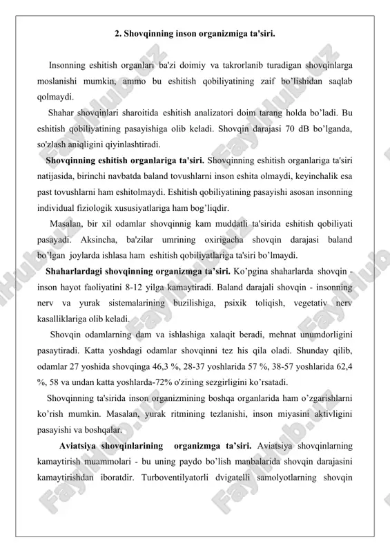 ni yomonlashtiradi, bu esa terining sezish qobiliyatini susaytiradi, pay qavatlarining qotib qolishiga olib keladi, bo‘g‘imlarda tuz yig‘iladi va bo‘g‘imlar xarakatini susaytiradi. bu holatlar ayniqsa sovuq fasllarda kuchayadi. titrash kasalligi kasb kasalliklari toifasiga kiradigan kasallik bo‘lib, uni davolash asosan boshlang‘ich davrlaridagina natija beradi. kasallikning orqaga qaytishi juda sekin boradi. agar oldi olinmasa kishi ishga yaroqsiz holga kelishi mumkin. bu kasallikning oldini olishning asosiy vositasi ish joylarida titrash normalarini belgilashdir. tebranishni normalash. titrash normalari gigienik va texnik normalarga bo‘linadi. titrashning gigienik normalarini belgilaganda ish joylarida va titrashning qo‘lga yoki boshqa joylariga ta’siri asosida norma belgilanib, bu norma bo‘yicha ish bajarganda inson organizmda kasallikka chalinmaslik nuqtai nazaridan qaraladi. texnik normalar umuman titrash tarqatayotgan mashina va mexanizmning hozirgi zamon taraqqiyoti asosida titrashni yo‘qotish chora- tadbirlari sifatida belgilanadi. 4. adabiyotlar. 1. baratov p. tabiatni muhofaza qilish. -t.: o'qituvchi, 1991. 2. egamberdiev r. ekologiya. –t.: o'zbekiston, 1993. 3. tursunov x.t. ekologiya asoslari va tabiatni muhofaza qilish. …