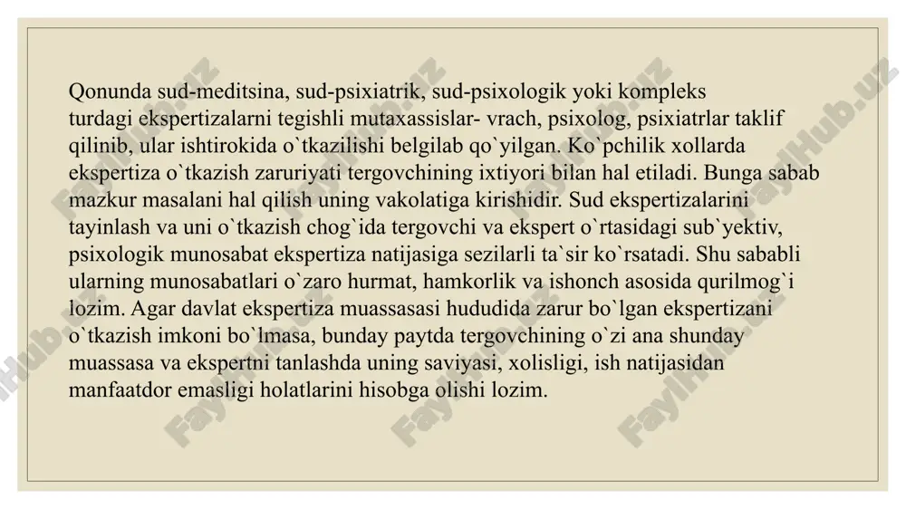rini, uning jinоiy хаtti - hаrаkаtlаrni sоdir etаyotgаn vаqtdаgi ruhiy hоlаtlаrini аniqlаshdа judа kаttа mаs`uliyat bilаn ish оlib bоrishlаri mаqsаdgа muvоfiqdir. sud ekspertizalarini tayinlash va uni o`tkazish chog`ida tergovchi va ekspert o`rtasidagi sub`yektiv, psixologik munosabat ekspertiza natijasiga sezilarli ta`sir ko`rsatadi. shu sababli ularning munosabatlari o`zaro hurmat, hamkorlik va ishonch asosida qurilmog`i lozim. agar davlat ekspertiza muassasasi hududida zarur bo`lgan ekspertizani o`tkazish imkoni bo`lmasa, bunday paytda tergovchining o`zi ana shunday muassasa va ekspertni tanlashda uning saviyasi, xolisligi, ish natijasidan manfaatdor emasligi holatlarini hisobga olishi lozim. sud ekspertizalari amaliyotining ko`rsatishicha, ekspertiza natijasiga quyidagi holatlar ta`sir o`tkazishi mumkin: - ekspertga chetdan kimdir nuqtai nazarini o`tkazishi; - xizmat lavozimidan foydalanib, psixologik tazyiq o`tkazish; - ekspertga moddiy manfaatdorlikni taklif etish orqali ta`sir o`tkazish; - ekspertiza tadqiqotlari muddatini qisqartirishni, tadqiqotning soddaroq metod va turini qo`llashni talab qilish va hokazo. sud-psixologik ekspertizasini tayinlashga taalluqli bo`lgan holatlarni yanada yaqqolroq bayon etadigan bo`lsak, ayblanuvchilarga nisbatan quyidagi holatlarda psixologik ekspertiza …
