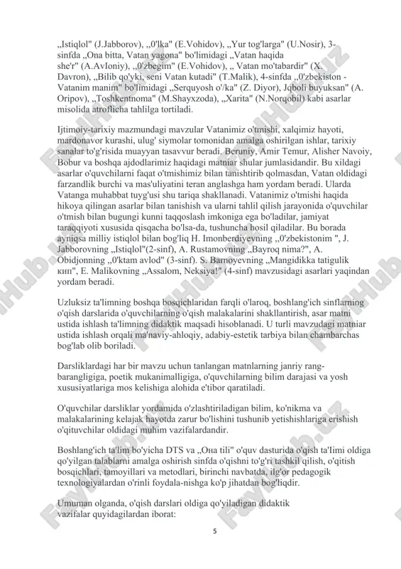 larni badiiy adabiyotning sehrli olamiga olib kirishi, dunyoqarashlarini milliy istiqlol mafkurasi asosida to'g'ri shakllanti-rishga qaratilishi bilan belgilanadi. shunga ko'ra, o'qish darslarining yetakchi xususiyati o'quvchilarning savodxonligini ta'minlash bilan birga, o'quvchilarni milliy mafkura asosida yuksak axloqiy qadriyatlar ruhida tarbiyalashga qaratiladi. boshlang'ich sinfiarning o'qish darslarida o'rganiladigan asarlar-ning mavzu doirasi ancha keng bo'lib, ular ona tabiat, yil fasllari, xalq og'zaki ijodi, mehnatga muhabbat, asosiy bayram sanalari, milliy is-tiqlol va ma'naviyat kabi umumiy mavzular doirasida bidashtirilgan. o'qish darslari uchun tanlangan mavzular o'quvchilarga kundalik hayot, mustaqillikni mustahkamlash va insoniy munosabatlar bo'yicha ham bilim va tarbiya berishni ko'zda tutadi. bular ichida istiqlol, vatan, ma'naviyat va tabiat haqidagi mavzular alohida ajralib turadi. ulardan ko'zlangan maqsad o'zlikni anglash, istiqlol, vatan va tabiat bilan bog'liq tuyg'ularni uyg'otishdir. vatanparvarlik, atrofimizdagi olam, mehnatsevarlik kabi mavzular o'qish darsliklaridagi keng qamrovli mavzulardan bo'lib, 2-sinf ,,0'qish kitobi"dagi „ona yuriim-oltin beshigim" bo'limiga kiritilgan ,,0'zbekistonim" (h. imonberdiyev), „istiqlol" (j.jabborov), ,,0'lka" (e.vohidov), „yur tog'larga" (u.nosir), 3-sinfda „ona bitta, …
