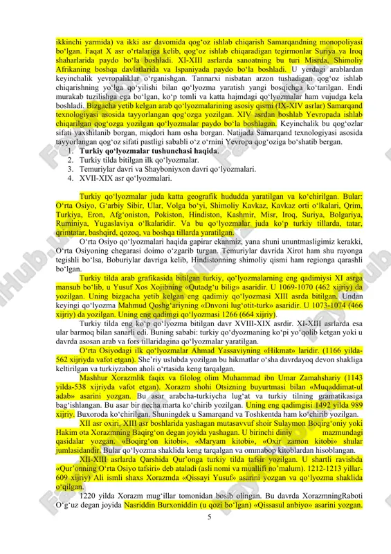 rlari hisoblangan. xix asrning ikkinchi yarmida eng yaxshi muqovasozlar deb qo‘qonliklar tan olinganlar. ular saxxof yoki muqovasozlar deb atalgan. xvii asrdan boshlab o‘rta osiyoda ishlangan muqovalarga shu muqovani ishlagan saxxofning ismini yozib qo‘yish urf bo‘lgan. masalan, «amali saxxof ubaydulloh» ko‘pincha muqovasozlik ishi bilan kitobfurushlarning o‘zlari ham shug‘ullanishganlar. comment by m2006c3lg: malumot xulosa qilib shuni aytish o‘rinliki, o‘rta osiyo va xurosonning xalqi qo‘lyozma yaratishda o‘ziga xos uslubga, o‘ziga xos an’anaga ega bo‘lganlar va ular yaratgan qo‘lyozmalar o‘zining betakrorligi bilan dunyo madaniyatida katta salmoqqa egadir. qo‘lyozmalarning moddiy xarakteristikasi ham u yoki bu xalqning tarixini o‘rganishda muhim ahamiyatga ega. shu jumladan, sharq xalqlari qo‘lyozmalari ham shu xalqlarning tarixidagi juda ko‘p masalalarga oydinlik kiritish mumkin. ilk qo‘lyozmalari kibtiy (kopt) qo‘lyozmalar bilan o‘xshashligi bor. kibtiy qo‘lyozmalar esa, o‘z navbatida qo‘lyozmalarning hajmi, uning muqovasi, undagi bezaklar nuqtai nazaridan antik qo‘lyozmalardan andoza olgan. o‘rta asr arab qo‘lyozmalari umuman olganda qog‘ozga yozilgan va uning tashqi ko‘rinishi sodda (bezaksiz) …