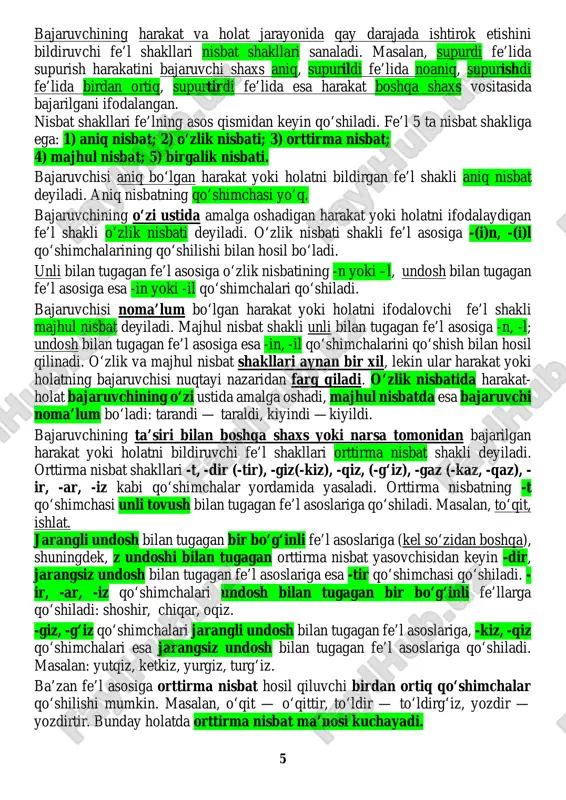 q, supurtirdi fe’lida esa harakat boshqa shaxs vositasida bajarilgani ifodalangan. nisbat shakllari fe’lning asos qismidan keyin qo‘shiladi. fe’l 5 ta nisbat shakliga ega: 1) aniq nisbat; 2) o‘zlik nisbati; 3) orttirma nisbat; 4) majhul nisbat; 5) birgalik nisbati. bajaruvchisi aniq bo‘lgan harakat yoki holatni bildirgan fe’l shakli aniq nisbat deyiladi. aniq nisbatning qo’shimchasi yo’q. bajaruvchining o‘zi ustida amalga oshadigan harakat yoki holatni ifodalaydigan fe’l shakli o‘zlik nisbati deyiladi. o‘zlik nisbati shakli fe’l asosiga -(i)n, -(i)l qo‘shimchalarining qo‘shilishi bilan hosil bo‘ladi. unli bilan tugagan fe’l asosiga o‘zlik nisbatining -n yoki –l, undosh bilan tugagan fe’l asosiga esa -in yoki -il qo‘shimchalari qo‘shiladi. bajaruvchisi noma’lum bo‘lgan harakat yoki holatni ifodalovchi fe’l shakli majhul nisbat deyiladi. majhul nisbat shakli unli bilan tugagan fe’l asosiga -n, -l; undosh bilan tugagan fe’l asosiga esa -in, -il qo‘shimchalarini qo‘shish bilan hosil qilinadi. o‘zlik va majhul nisbat shakllari aynan bir xil, lekin ular harakat yoki holatning bajaruvchisi …