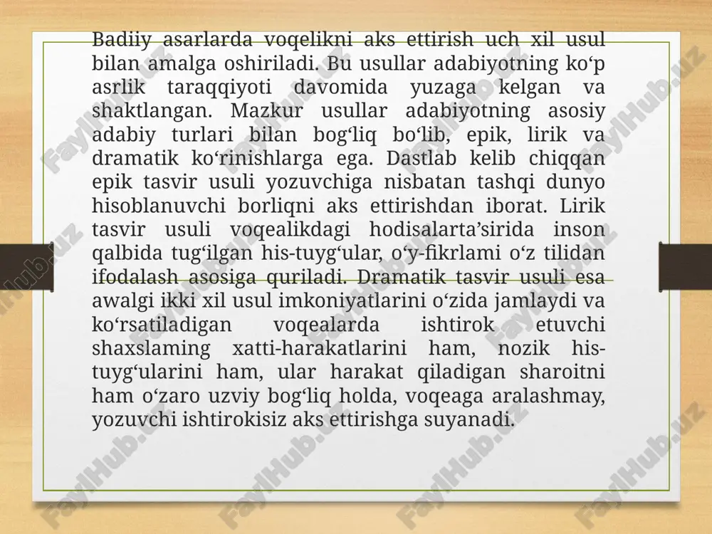 ining tegishli shaklida talqin etilsagina asliyatga vazifaviy monand tasvir vujudga keladi. ayrim shaxslar ba’zi tovushlarga tillari kelishmay, ularni soqovlanib talaffuz etadilar. yozuvchilar odamlar lafzidagi bunday xususiyatdan goho personajlari nutqi tasvirini yaratish maqsadida foydalaniladi. tarjima tilida asliyatdagi ifoda mazmun va shakil birligiga mos lisoniy vositaning topilmasligi adekvatlikka erishish yo’llarining yo’qligini bildirmaydi. muallif nazarda tutgan uslubiy maqsad tarjima muqobil ta’sirchanlikni yuzaga keltiradigan turli-tuman vositalari yordamida vazifaviy aks ettiriladi. badiiy tasvir va ifoda vositalari badiiy tasvir va ifoda vositalari reja: 1. kirish 2. badiiy tasvir va ifoda vositalari 3. lug‘atdagi eskirgan sо‘zlar — arxaizm va istorizmlar badiiy tilning eng muhim spetsifik xususiyatlari sifatida obrazlilik va emotsionallikni kо‘rsatdik. badiiy asarda tasvirlanayotgan narsani jonli tasvirlash, his-tuyg‘u va kechinmalarni yorqin ifodalashga xizmat qiluvchi vositalarni umumlashtirib "badiiy tasvir va ifoda vositalari" deb ataladi. avvalgi faslda aytilganidek, badiiy tasvir va ifoda vositalari badiiy tilning belgilovchi xususiyati emas, balki belgilovchi xususiyat bо‘lmish obrazlilik(tasviriylik) va emotsionallikni kuchaytiruvchi unsurlardir. aytish kerakki, …