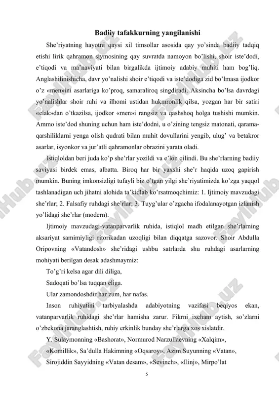 uchliligi ayniqsa, muhim. she’r mavzusidagi qat’i nazar, u yuksak badiiy saviyada yozilgan bo’lsa, kitobxon ko’nglini junbushga keltirish shubhasiz. zulfiya mo’minova vatan «yurakka bitgan bitigim manim» desa, shoira qutlibekaning she’rlarida ozodlik uchun har birimiz «tik turishimiz» fidoyi bo’lishimiz zarurligi ehtiros bilan ifodalanadi: bir bor qilmay chin izhori dil, xalq haqi deb bir bor turmay tik. biz seniki desak bemalol, yuzimizga tufla, ozodlik. bu ruhdagi she’rlarda shoirlarning epitet (sifatlash) qo’llashda tashqi belgilarni ko’rsatishga emas, ichki mohiyatga ko’proq e’tibor qaratganliklarini ta’kidlash kerak. millat ravnaqi, vatan farovonligi yo’lida o’zini fidoyi deb bilgan har bir shoir asarlari bilan xizmatda bo’lishi darkor. yurtsevarlik tuyg’usini tarixiy shaxslar misolida ham, bugungi ijobiy o’zgarishlar, jilg’ayu daryosi, toshiyu toshg’ini kuylash bilan ham ifodalash mumkin. asosiysi, fikrga vatan tuyg’usi singdirilgan bo’lishida. shu o’rinda muhammad rahmon topib aytganidek: har qaydan toparsan bir burda nonni, qayda bor bunday yurt, sadqa qil jonni. bag’ringga mahkam bos o’zbekistonni- vatan topilmaydi! - makon topilar. aniq bir …