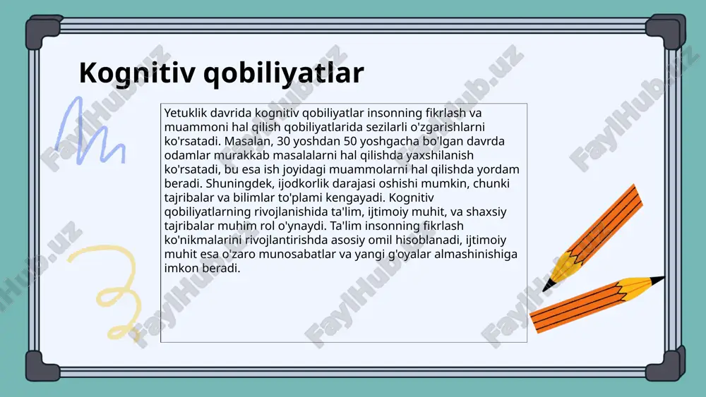 amlar o'rtasidagi o'zaro aloqalar, va madaniyat kognitiv jarayonlarga ta'sir ko'rsatadi. kognitiv jarayonlarning ijtimoiy kontekstdagi namoyon bo'lishi, shaxsning fikrlash va qaror qabul qilish jarayonlarini shakllantiradi. masalan, tengdoshlar ta'siri qaror qabul qilishda kognitiv jarayonlarni o'zgartirishi mumkin. kognitiv rivojlanishning ijtimoiy ta'siri bo'yicha misollar sifatida, ta'lim tizimlari, ijtimoiy o'zgarishlar va madaniy tadbirlar ko'rsatilishi mumkin. ushbu misollar, insonlarning kognitiv jarayonlariga qanday ta'sir ko'rsatishini ochib beradi. xulosa kognitiv rivojlanish nazariyasining asosiy tamoyillari, jumladan, piaget va vygotskiy nazariyalari kognitiv rivojlanishga ta'sir etuvchi muhim omillardir. bu tamoyillar, bolaning aqliy rivojlanishi va ijtimoiy o'zaro ta'siri orqali shakllanadi. yetuklik davrida kognitiv qobiliyatlar o'zgarishi, tajriba va o'z-o'zini o'rgatish orqali amalga oshiriladi. misol uchun, muammolarni hal qilish va tanqidiy fikrlash qobiliyatlari, o'z-o'zini rivojlantirish jarayonida o'zgaradi. kognitiv jarayonlar ijtimoiy ta'sirlar bilan chambarchas bog'liq bo'lib, ta'lim jarayonida motivatsiya va ijtimoiy aloqalar kognitiv rivojlanishga ijobiy ta'sir ko'rsatadi. kognitiv jarayonlarni o'rganish, ta'limda amaliy yondashuvlarni qo'llashga imkon beradi. e'tiboringiz uchun rahmat! image1.png image2.png image3.png image4.png image5.png image6.png …