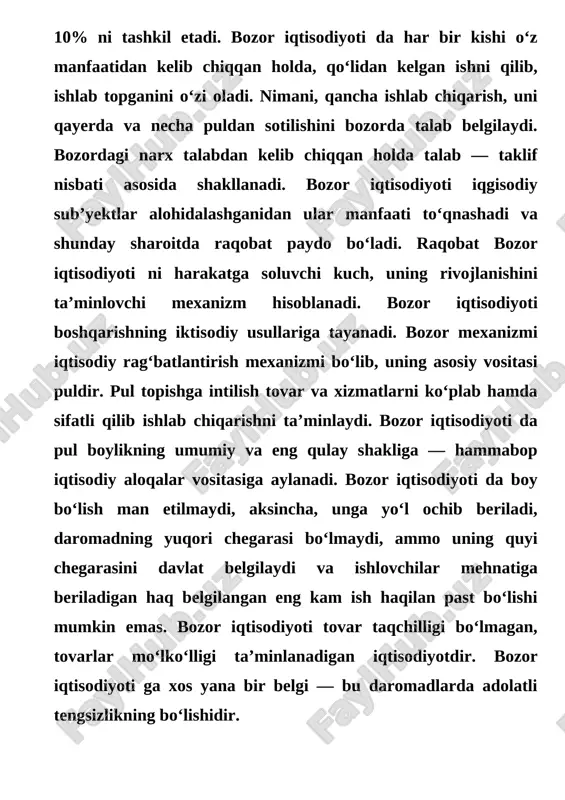 arida boshlanib , 80- yillarga qadar davom etdi . hozirgi bozor iqtisodiyoti madaniylashgan iqtisodiyot boʻlib , unga quyidagi belgilar xos : mulkiy xilmaxillik , tartiblanadigan iqtisodiyot , davlatning iqtisodiyotga aralashuvi , madaniy va xdpol raqobat , kuchli hamkorlik aloqalari , iqtisodiy tangliklarning qisqa davrda va yengil kechishi , ommaviy farovonlik , ijtimoiy tabaqalanishning chuqur boʻlmasligi , oʻziga toʻq va farovon yashovchi oʻrtahol tabaqa mavqeining oshib borishi , ijtimoiy muvozanatning saqlanishi va fuqaroviy toʻqnashuvlarga oʻrin qolmasligi va boshqa bu belgilar hozirgi bozor iqtisodiyoti ni harakterlaydi , lekin uning taraqqiyoti shu bilan cheklanmaydi . http://fayllar.org