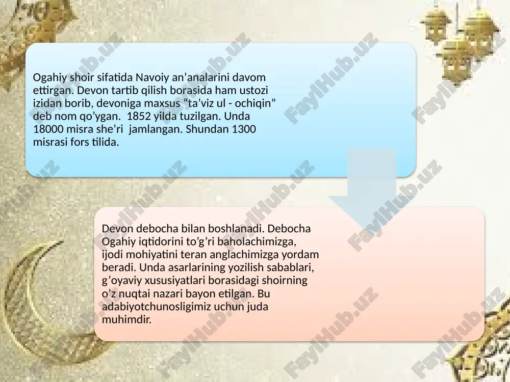 fatni mus’hafga teng lashtiradi. bu – tashbih, lekin uni mubolag‘a deb qabul qilish to‘g‘ri bo‘lmaydi. chunki qur’on ham, tabiat go‘zal igi, jumladan, bahor latofati ham yaratganning ijodidir. ularning har ikkisi birday go‘zal va muqaddas. bir xil qimmatdagi voqelikni qiyoslashda bo‘rttirish bo‘lmaydi. shunday qilib, navro‘z latofati mus’haf bo‘lsa, mahliqolar ning yuzi undagi oyatlardir. tasavvufga ko‘ra inson go‘zalligi ilohiy husnning jilvasi yoki soyasi ekan, mahliqolarni oyatga mengzashda hech qanday shakkoklik yo‘q. keyingi baytlarda peyzaj (tabiat tasviri) ijtimoiy mavzuga almashadi. ularda badavlat odamlar (ahli g‘ino)ning bu ko‘ngilli ayyomda “yuz rang xil’at” (turli xil kiyimlar) kiyishi, boshdan oyoq ziynatlanishlik, turli ko‘ngilocharliklar bilan zavqlanishlari bayon etiladi. ishrat uchun moya bo‘lgan dirham ularning qo‘lida o‘ynasa, shoirning qo‘lida bu moya yo‘q. shu bois o‘tinch bilan shoh huzuriga kelishi mubolag‘a bilan tasvirlanadi. janobi shahg‘a keldim bu jihatdin, ko‘zim yoshig‘a toya-toya navro‘z. moddiy yordam so‘rab shoh huzuriga kelayotgan lirik qahramon o‘z zabun ahvoliga shunchalar yig‘laydiki, hatto o‘zining ko‘z yoshlariga …