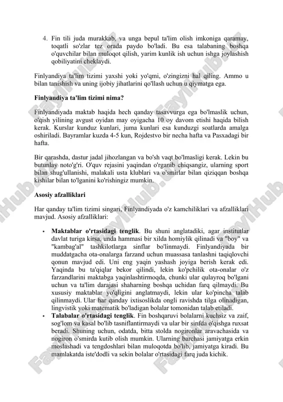 ilmagan, ammo talabaga to'la ishonib topshirilgan. fin tilini bilish istihdam va yarim kunlik ish uchun muhim, ish beruvchilar esa tajribaga ega. 3. har bir talaba ustidan hech qanday nazorat yo'q, chunki har narsa o'z-o'zini tashkil etish va o'zini o'zi o'rganishga asoslangan. buni ortiqcha deb hisoblash mumkin, lekin bizning mentalitetimizni hisobga olganda, agar talaba muntazam ravishda silkish va bilim darajasini tekshirishga muhtoj bo'lsa, biz o'zimizni ekspluatatsiya qilish uchun ta'lim jarayoniga demokratik yondashuvni qo'yamiz. 4. fin tili juda murakkab, va unga bepul ta'lim olish imkoniga qaramay, toqatli so'zlar tez orada paydo bo'ladi. bu esa talabaning boshqa o'quvchilar bilan muloqot qilish, yarim kunlik ish uchun ishga joylashish qobiliyatini cheklaydi. finlyandiya ta'lim tizimi yaxshi yoki yo'qmi, o'zingizni hal qiling. ammo u bilan tanishish va uning ijobiy jihatlarini qo'llash uchun u qiymatga ega. finlyandiya ta'lim tizimi nima? finlyandiyada maktab haqida hech qanday tasavvurga ega bo'lmaslik uchun, o'qish yilining avgust oyidan may oyigacha 10 oy davom …