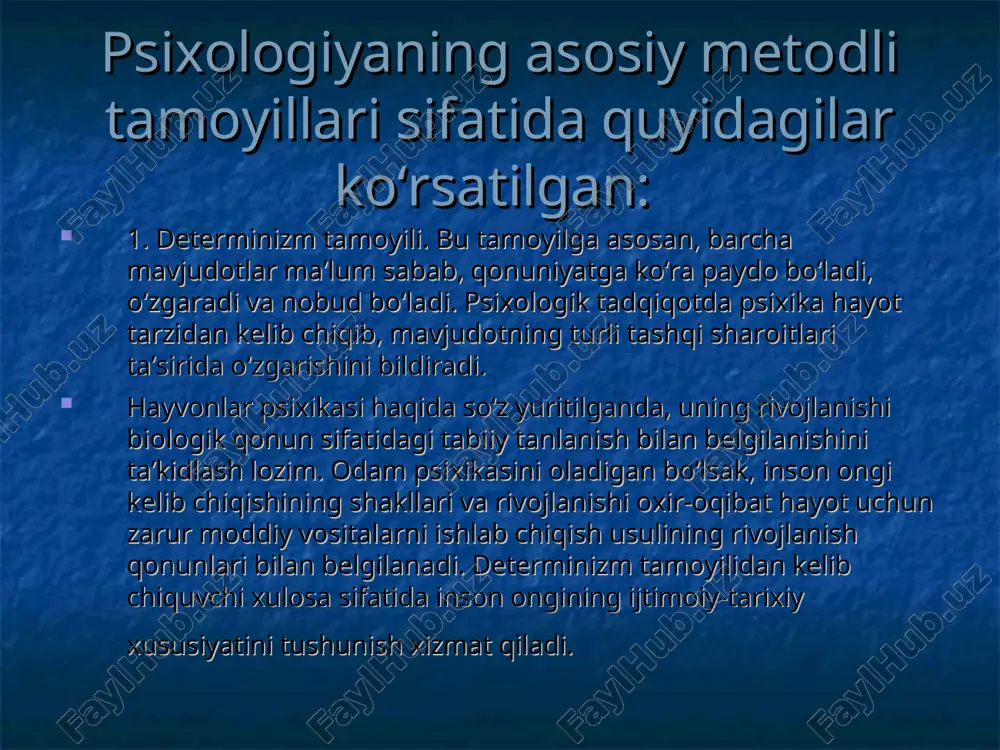 ri kabi alohida hodisalarning yuzaga kelishidan iborat. xulq-atvor – bu tirik organizmning tashqi muhit ta’sirlariga javoban yuzaga keladigan murakkab reaksiyalar majmuasi hisoblanadi. tirik mavjudotlar psixikasi rivojlanganligining darajasiga ko‘ra, murakkabligi turlicha bo‘lgan xulq-atvorga ega ekanliklarini alohida ta’kidlab o‘tish zarur. xulq-atvorning sodda reksiyalarini, masalan, chuvalchangning to‘siqqa duch kelganida, o‘z harakat yo‘nalishini o‘zgartirishini kuzatganimizda ko‘rishimiz mumkin. bunda tirik mavjudotning rivojlanish darajasi qanchalik yuqori darajada bo‘lsa, xulq-atvori ham shunchalik murakkablashadi. tirik organizmlar psixikasi rivojlanganligining to‘rt asosiy darajasini ajratish mumkin, bular: qo‘zg‘aluvchanlik, sezuvchanlik (his-tuyg‘ular), yuqori tuzilgan hayvonlarning xulq-atvori (tashqi namoyon bo‘lgan xulq-atvor), inson ongi (sababiy xulq-atvor)dir. ushbu darajalarning har biri o‘z rivojlanish bosqichlariga ega ekanliklarini ta’kidlab o‘tish zarur. psixika rivojlanishining yuqori darajasi faqat insonga xosdir. evolyusiyada tabiiy tanlanishning o‘rni hayvonlar psixikasi taraqqiyotini o‘rganuvchi ushbu yondashuvdan tashqari boshqa yondashuvlar ham mavjud. masalan, fransiyalik biolog-olim, birinchilar qatorida sinantrop odamning qoldiqlarini aniqlagan tadqiqotchi-antropolog va taraqqiyparvar arbob per teyyar de sharden ushbu muammoni o‘rganishga idealizm nuqtai nazaridan yondashadi. bunda …