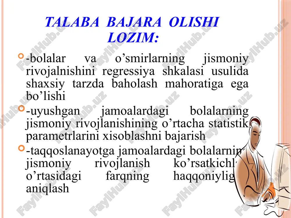 lanadi (o’rtacha, o’rtachadan yuqori, o’rtachadan past va h.k.); -shkala bo’yicha shu bo’yda vazn va kqa qanday bo’lishi kerakligi topiladi (m ±ϭ); -vazn va kqa uchun ±ϭ (sigmali og’ish) qiymatini aniqlash. mas., bolaning amaldagi vazni 30 kg, jadval bo’yicha vazn 32,1 + 3,1 , demak, vaznning sigmali og’ishi =(32,1-30) : 3,1 = 0,7. agar sigmali og’ishning qiymati ±1 sigma atrofida bo’lsa, u holda jismoniy rivojlanish garmonik hisoblanadi; sigmali og’ish ±1 dan ±2 sigmagacha bo’lsa disgarmonik, 2 sigmadan ortiq bo’lsa keskin disgarmonik deb baholanadi. “dumaloq stol” usulidan foydalanish. talabalarni kichik guruhlarga (kg) 2-3 tadan qilib bo`linadi sаvоllаr yo`zilgan varaqlarni tаrqatiladi 1-2 daqiqa davomida berilgan savolga uozma javobni uozish va bu varaqni boshqa guruh talabalariga uzatish 12 dаqiqadаn so`ng o`qituvchi tarqаtilgan varaqlarni yig`ib oladi javob bergan kichik guruh talabalariga bаhо qo`yadi ulardan ularning varaqlarini оlib u yrdagi savolgа javob berish vazifasi beriladi image2.jpeg image3.jpeg image4.jpeg image6.wmf image7.jpeg image9.jpeg image10.jpeg image11.jpeg image12.jpeg image13.jpeg image14.jpeg …