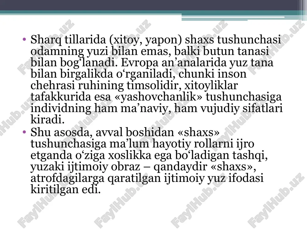 riga baho berishning ikkinchi usuli barcha odamlarni tipologik guruhlarga birlashtirishdan iborat. bunda bir xil tipologik guruhga tegishli bo‘lgan odamlar yaqin psixologik xususiyatlarga ega bo‘ladilarva ular o‘zlarining xulq-atvori bilan bir-birlariga juda o‘xshash bo‘ladilar. r.s.nemov tomonidan ko‘rib chiqilgan shaxs nazariyalarining tasniflaridan tashqari, boshqa tasniflar ham mavjud. shulardan biri b.v.zeygarnik tomonidan ko‘rib chiqilgan mavjud bo‘lgan shaxs nazariyalarini mazmun-mohiyat va tarixiy tamoyillarda, ularning yuzaga kelishi va taraqqiyoti sharoitlariga bog‘liq holda o‘rganishdir. bunda nazariyalarning quyidagi guruhlari ajratiladi: freydizm va neofreydizmning shaxs nazariyalari, shaxsning umuminsoniy nazariyalari, ekzistensial psixologiyaning shaxs nazariyalari, fransuz ijtimoiy maktabining shaxs nazariyalari va boshqalar. shaxs nazariyalariga zamonaviy qarashlar amerikalik psixolog g.ollport va ingliz psixologi r.kettel tomonidan ishlab chiqilgan shaxs xislatlari nazariyasi shaxs xislati deganda inson tomonidan hayoti davomida uning tajribasi, irsiyati va organizmining fiziologik xususiyatlari asosida egallanadigan barqaror xossa tushuniladi. shaxs xislatlariga xarakter xislatlari kiradi. g.ollport tan olgan shaxs xislatlarini aniqlash va baholashning usullaridan biri chet tilini o‘rganishga, shaxsni har tomonlama ta’riflash mumkin …