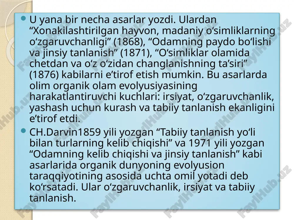 atlarni idrok qilishimiz deyarli bir xil hisoblanadi. jinsiy farqlarni tahlil qilganda psixologlar r.buamaster, k.kataniz va k.borglar ayollar va erkaklar o‘rtasidagi tafovutlarni o‘rganishgan. hozirgi kunda erkaklarga xos bo‘lgan faoliyatlar ayollar tomonidan bajarilishi mumkinligi haqida fikrlarni keltirib o‘tishgan. masalan, kim ko‘proq avtomobil xaydashga moyil, kim ko‘proq jinsiy mayllar haqida o‘ylaydi, g‘oyalarning boshlovchisi kim degan savollarning barchasiga erkaklar degan javob qaytarilgan. evolyusion nazariyaning asosiy shartlari, tabiiy tanlanish natijalari o‘zgaruvchanlik tur ichidagi individlarning o‘zaro tafovut qilishidir. bir turning individlari o‘rtasida kuzatiladigan tafovutlar organizmdagi irsiy xossalarning o‘zgarishiga bog‘liq bo‘lishi mumkin. o‘zgaruvchanlik organizmning tashqi sharoit bilan o‘zaro munosabatini aks ettiradi. genetik nuqtai nazardan qaraganda, o‘zgaruvchanlik organizmning individual rivojlanishi jarayonida genotipning tashqi sharoit bilan o‘zaro reaksiyasi natijasidir. organizmlarning o‘zgaruvchanligi organik olam rivojlanishining asosiy omillaridan biri bo‘lib, sun’iy tanlash bilan tabiiy tanlanish uchun asosiy manbadir. o‘zgaruvchanlik xillari. biologiyada irsiy va noirsiy o‘zgaruvchanlik xillari ma’lum. noirsiy o‘zgaruvchanlik organizm belgilarining o‘zgarishi bo‘lib, bu o‘zgarish jinsiy ko‘payishda nasldan-naslga o‘tmaydi. bunday o‘zgaruvchanlikni …