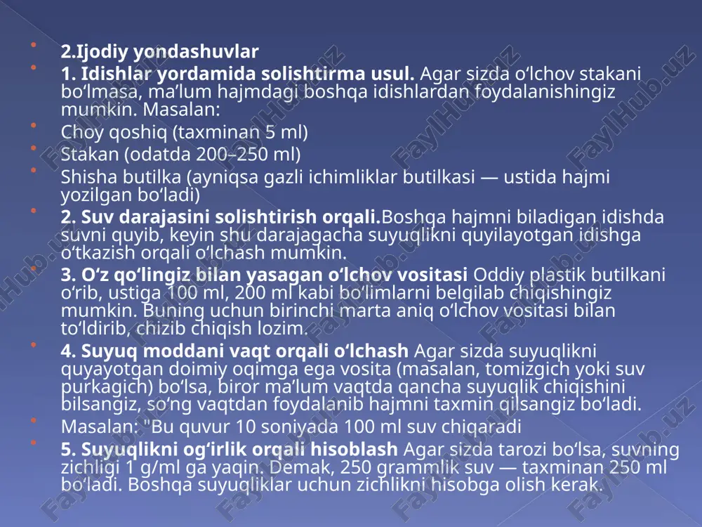 vchi belgilari bu belgilar haydovchilarga yoki piyodalarga ehtiyotkorlik bilan harakat qilish zarurligini bildiradi. sariq uchburchak belgi (ehtiyotkorlik): bu belgi yo'lda xavfli joy borligini, masalan, burilish yoki notekis yo'lni bildiradi. sariq va qora diagonallar: bu belgi yo'ldagi xavflarni, masalan, tez harakatlanish joylarini bildiradi. xulosa suyuqlik hajmini o‘lchash faoliyati maktabgacha ta'limda bolalarga ilmiy faoliyat, matematika va kundalik hayotda qo‘llanadigan amaliy ko‘nikmalarni o‘rgatishda muhim o‘rin tutadi. ushbu faoliyat bolalarning tushuncha va tafakkurini rivojlantiradi, ular o‘lchov birliklarini o‘zlashtirib, turli suyuqliklarni o‘lchash orqali ilmiy tadqiqotlar bilan tanishadilar. bu, o‘z navbatida, bolalarda diqqat, aniq ishlash, mantiqiy fikrlash va jamoada ishlash ko‘nikmalarini shakllantiradi. faoliyatni amalga oshirishda pedagogning roli juda muhim, chunki tarbiyachi bolalarga faoliyatni tushunarli, qiziqarli va samarali tarzda taqdim etishi kerak. rag‘batlantirish usullari bolalarning faol ishtirokini ta'minlaydi va o‘rganishga bo‘lgan qiziqishni oshiradi. suyuqlik hajmini o‘lchash orqali bolalar amaliy bilimlarga ega bo‘lib, ularga kundalik hayotda keng qo‘llaniladigan ko‘nikmalarni o‘zlashtiradilar. tavsiya: faoliyatni yanada interaktiv qilish: bolalarni yanada faol …