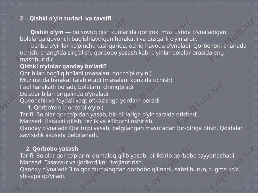 sh hamda o'zaro hamkorlikni kuchaytirishga yordam beradi. faoliyat davomida bolalar qish mavzusidagi hayvonlar, qor, muz, va o'yinlar haqida bilim olishadi, bu esa ularning tasavvurlarini kengaytiradi. shuningdek, o'yinlar va faoliyatlar orqali bolalarning jismoniy faolligi oshadi va ularning ijtimoiy ko'nikmalari rivojlanadi. rag'batlantirish usullari bolalar uchun faolyatni qiziqarli va motivatsion qiladi. har bir bolaning faol ishtirokini ta'minlash va ularning o'ziga bo'lgan ishonchini oshirish uchun og'zaki va vizual rag'batlantirish usullari samarali tarzda ishlatiladi. o'yinlar va amaliy faoliyatlar bolalar uchun nafaqat o'rgatish, balki o'zaro muloqot qilish va guruhda ishlash imkoniyatini yaratadi. tavsiya: faoliyatlar va o'yinlarni turli xil qilish: faolyatlar davomida turli xil o'yinlar va faoliyatlardan foydalanish, bolalarni doimo yangi narsalar o'rganishga undaydi. masalan, qorli o'yinlar, muz bilan o'yinlar va qishki tabiatni o'rganishga yo'naltirilgan faoliyatlar. bolalarga ijodiy yondashuvni rag'batlantirish: har bir bolaning fikrini tinglash va uning ijodiy qarashlarini qadrlash. masalan, bolalarga o'zlariga xos qishki o'yinlar yaratishga imkon berish. foydalanilgan adabiyotlar ro‘yxati: o‘zbekiston respublikasi maktabgacha taʼlim vazirligi. …