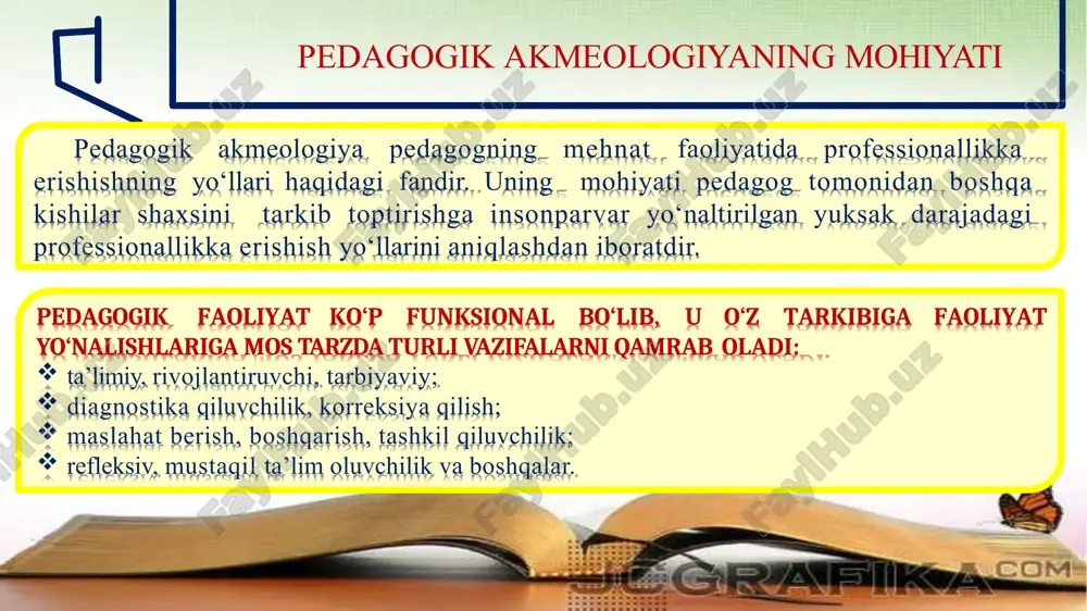 t uchun zarur bo‘lgan bilim, malaka, mahorat va axloqiy tizim yo‘nalishi shakllanganidan so‘ng unda o‘z- o‘zini o‘zlashtirish jarayoni boshlanadi. o‘z-o‘zini o‘zlashtirish ikki komponentli bo‘lib, o‘z- o‘zini ko‘rsatish va o‘z-o‘zini tasdiqlashdan iborat. o‘z-o‘zini ko‘rsatish – kasbiy mahorat cho‘qqilariga chiqish ketma-ketligidir. bu bosqichda inson o‘zini o‘ziga zarur bo‘lgan boyliklarni (ma’naviy va moddiy) ijodkori va yaratuvchisi sifatida ko‘rsatadi. o‘z-o‘zini tasdiqlash bosqichida inson o‘z faoliyati mahsulotlari jamiyat uchun ahamiyatga egami? - degan fikrni kechiradi. ideal holatda maksimum o‘z-o‘zini ko‘rsatish (professional akme) maksimum o‘z-o‘zini tasdiqlash bilan mos kelishi kerak. nazorat savollari 1.pedagogik akmeologiya deganda nimani tushunasiz? 2.akmeologiyaning fan sifatida yuzaga kelish tarixi haqida gapirib bering. 3.akmeologiya asosiy yo‘nalishlarini sanab bering. akme shaxs kim? inson o‘z-o‘zini qanday shakllantirib boradi? 6.o‘z-o‘zini tarbiyalash deganda nimani tushunasiz? adabiyotlar 1.tillayeva g. akmeologiya asoslari. o‘quv qo‘llanma. – t.: tafakkur bo‘stoni, 2014. 192 b. 2.b.хodjayev. akmeologik yondashuv asosida bo’lajak tarbiyachilarda kreativ kompetentlikni rivojlantirish. “maktabgacha ta’limda o’quv-tarbiyaviy ishlarni tashkil etishning samaradorligi, muammolar va …