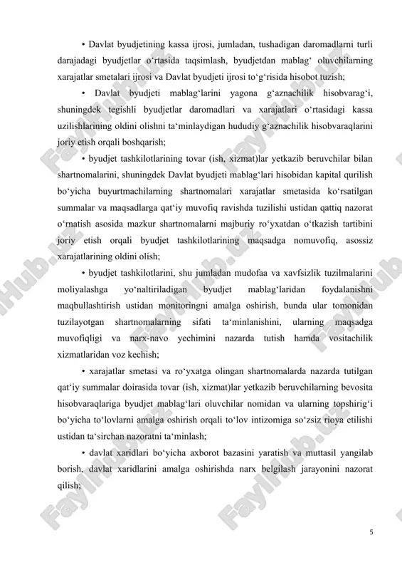 osita hisobvaraqlariga byudjet mablag‘lari oluvchilar nomidan va ularning topshirig‘i bo‘yicha to‘lovlarni amalga oshirish orqali to‘lov intizomiga so‘zsiz rioya etilishi ustidan ta‘sirchan nazoratni ta‘minlash; • davlat xaridlari bo‘yicha axborot bazasini yaratish va muttasil yangilab borish, davlat xaridlarini amalga oshirishda narx belgilash jarayonini nazorat qilish; • kichik biznes sub‘ektlari keng ishtirok etishini nazarda tutadigan davlat xaridlarini amalga oshirishda tanlov va tender tartibotlarini takomillashtirish va qo‘llashni kengaytirish bo‘yicha takliflar ishlab chiqish; • o‘zbekiston respublikasiga kelayotgan barcha turdagi, shu jumladan nomoddiy shakldagi muruvvat yordami va texnikaviy ko‘maklashish vositalarining to‘liq hamda tizimli hisob-kitobini yuritish; • davlat byudjeti g‘azna ijrosining buxgalteriya hisobi va hisobotini yuritish, davlat budjeti ijrosi haqida axborot yig‘ish, qayta ishlash va tahlil qilish, shuningdek o‘zbekiston respublikasining davlat ichki va tashqi qarzlariga xizmat ko‘rsatish, o‘zbekiston respublikasi kafolatlarini ijro etish; • g‘aznachilik davlat xaridlari bo‘yicha hukumat komissiyasining ishchi organi funktsiyasini amalga oshiradi. davlat byudjetining g’azna ijrosi davlat byudjetining barcha daromadlarini yagona g’azna hisobraqamiga kiritishdan, shuningdek, …