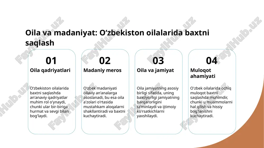 ahamiyatga ega. ular oilalarga moliyaviy va psixologik yordam taqdim etadi. 3 ta'lim va rivojlanish oila kengayishini qo'llab-quvvatlash uchun ta'lim muhim rol o'ynaydi. oila a'zolari malakali ta'lim olishlari zarur, bu esa kelajakni ta'minlaydi. 4 madaniy meros oila kengayishida madaniy merosni saqlash va rivojlantirish zarur. an'anaviy qadriyatlar, oilaviy an'analar, avlodlar o'rtasida uzatilishi lozim. xulosa baxtiyor oila ahamiyati baxtiyor oila, a'zolari o'rtasidagi sevgi va hurmatni ifodalaydi. bu, oila barqarorligini ta'minlaydi va ijtimoiy muhitdagi ahamiyatini oshiradi. an’anaviy qadriyatlar roli o‘zbekiston oilalarida an’anaviy qadriyatlar oilaviy munosabatlarni kuchaytiradi. bu qadriyatlar, oilaning mustahkamligini oshirib, ijtimoiy barqarorlikni ta'minlaydi. oila kengayishining foydalari oila kengayishi, yangi avlodlar orqali madaniyatni saqlashga yordam beradi. bu jarayon, jamiyatda ijtimoiy barqarorlikni oshiradi va oila farovonligini ta'minlaydi. foydalanilgan adabiyotlar 1. shayx m.sodiq. baxtiyor oila: erkaklar va ayollar o'rtasidagi munosabatlar. o'zbekiston milliy universiteti, 2020 2. yusuf, m. baxtiyor oila va uning barqarorligi: o'zbekistonda oila siyosati. o'zbekiston fanlar akademiyasi, 2021 3. maqsadov, a. oila kengayishi va ijtimoiy …