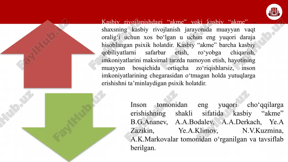 osil qilishni ta’minlash; -har bir yangi imkoniyatni kasbiy takomillashuvga safarbar etish, foydalanilmay qolgan imkoniyatlar uchun mas’uliyatni his qilish; -o‘zining kasbiy faoliyat ko‘p qirrali ekanligi anglagan holda faoliyat hamda muloqotning turli soha va turlarida muvaffaqiyat qozonishga intilish; l.i.ansifirovaning yozishicha, dinamik nuqtai nazardan shaxs taraqqiyoti shaxsning o‘z xususiyatlari, yoshi, o‘zgaruvchan ijtimoiy muhitdagi “harakati” dir. ushbu yondashuvning maqsadi shaxsdan sifat o‘zgarishlarni taraqqiyotdagi progressiv yoki regressiv tendensiya shakllari, shaxs transformatsiyasi sabablarini o‘rganishdir. professionalizm mehnat faoliyatining uchta tomonini – kasbiy faoliyat, kasbiy muloqot va mutaxassis shaxsini o‘z ichiga oladi. kasbiy faoliyat – kishining ijtimoiy va shaxsiy, moddiy va ma’naviy ehtiyojlarni qondirishga qaratilgan ne’matlar yaratish uchun yo‘naltirilgan, mehnat predmetlarini qayta o‘zgartirishga qaratilgan faolligidir. kasbiy muloqot mehnat predmetlarini qayta o‘zgartirish jarayonida boshqalar bilan o‘zaro ta’sir etish va hamkorlik qilishga yo‘naltirilgan faolligidir. u kasbiy faoliyat samaradorligini oshirish vositalaridan biri sifatida namoyon bo‘lishimumkin. mutaxassis (professional – o‘z ishining ustasi) shaxsi – mehnat kishisining psixik xususiyatlari, sifatlari va holatlari yig‘indisidan …