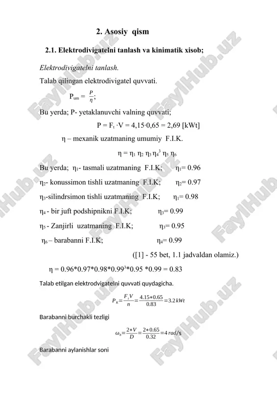 anqlaymiz. aω = ka(us+1) = 43(3.55 + 1) =43*4.55 179.02 mm. dast 2185-66 dan aω= 180 mm deb olamiz. ([1] 36-bet). mn= (0.01) aω= (0.01)180 = 1.83.2 dast 9563-60* dan mn =3 deb qabul qilamiz. ([1] 36-bet). shestrnyaning tishlar soni. z1 = = = = 25.9. z1= 26 deb qabul qilamiz. z2= z1*us = 26*3.55 = 92.3. z2= 92 deb olamiz. cosβ = = = 0.32*3 =0.978. β = 12044’. shestrnya va g`ildrakning asosiy o`lchamlari. shestrnyaning va g`ildrakning bo`luvchi diametri. =*z1= = 79.56. *z2 = = 281.52. bunday xolda markazlararo masofa tekshiriladi. aω= = = 180.54 mm. shestrnyaningva g`ildrakning tish usti diametri. = d1 + 2mn = 79.56 + 2*3 = 85.56 mm. = d2 + 2mn = 281.52 + 2*3 = 287.52 mm. shestrnyaningva g`ildrakning tish osti diametri. = d1 - 2.4mn = 79.56 - 2.4*3 = 72.36 mm. = d2 - 2.4mn = 281.52 - 2.4*3 = 274.32 …