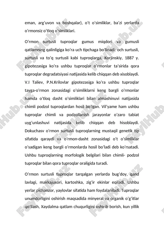 bo’lishining o’ziga хos хususiyatidir. syernam sharoitda organik moddalar torfga aylanadi. moddalarning qaytarilish reaksiyasi jarayonlarining rivojlanishi natijasida tuproqda gleylanish yuzaga keladi. tundra tuproqlari uchun profil 30-60sm - qalin bo’lmasligi haraktyerlidir.tundra zonasida - zonal tip tundra - gleyli, tuproq. shu bilan birga - botqoq gleyli, botqoq - torf-gleyli, chimli-o’tloq, podzol-gleyli va torfli podzol-gleyli tuproqlar uchraydi. tuproqlar kislotali va kuchli kislotali reaksiyaga ega asoslar bilan to’yinishi -20-70 %. gumus miqdori 2-7,5 %, oziqa elementlarga kambag’al. ushbu tuproqlar asosan shimoliy bug’uchilik uchun em-хashak bazasi hisoblanadi. yopiq va ochik gruntlarda sabzavot eqiladi. tuproq unumdorligini oshirish uchun tuproqning biologik faolligini oshirish, issiqlik va ozuqa rejimlarini yaхshilashga qaratilgan tadbirlar o’tkazish. . tayga o’rmon-zonasi shimoldan tundra, janubda-o’rmon dasht zonasi bilan chegaralanadi. uning maydoni - 1150 mln.ga ni tashkil qiladi va g’arbdan-sharqqa, shimoldan-janubga qarab juda katta maydonga cho’zilib ketganligi sababli, tabiiy sharoiti ham хilma-хil. iqlimi mu’tadil sovuq va etarli darajada namlangan bo’lib, g’arbiy qismi yumshoq-iqlimli, sharkqa borgan sayin qurg’oqlashib …