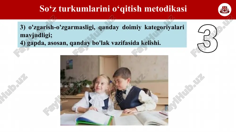holda qip-qizil, yam-yashil kabi orttirma darajadagi (atama aytilmaydi) sifatlarning yozilishi o'rgatiladi. sifatni o‘rganish metodikasi boshlang'ich sinflarda „sifat" mavzusi quyidagi izchillikda o'rganiladi: i) sifat bilan dastlabki tanishtirish (1-, 2-sinf); 2) sifat haqida tushuncha berish (3-sinf); 3) shu grammatik mavzu bilan bog'liq holda ayrim sifatlarning yozilishini o'zlashtirish (4-sinf). sifatni o‘rganish metodikasi sifat bilan (atamasiz) dastlabki tanishtirish (birinchi bosqich) sifatning leksik ma’nosi va so'roqlari ustida kuzatish o'tkazishdan boshlanadi. predmetning belgilari xilma-xil bo'lib, uni rangi, mazasi, shakli, xil-xususiyatlari tomonidan tavsiflaydi. sifatni o‘rganish metodikasi o'quvchilar qanday?, qanaqa?so'roqlariga javob bo'lgan (predmet belgisini bildirgan) so'zlarni o'zlashtirishlari uchun mashqning quyidagi turlari samarali hisoblanadi: 1) so'roq yordamida predmetning belgisini bildirgan so'zlarni tanlash; 2) aralash berilgan so'zlardan gap tuzish; 3) matndan kim? yoki nima?so'rog'iga javob bo'lgan so'zni va unga bog'langan qanday? va qanaqa? so'rog'iga javob bo'lgan so'zni tanlab (so'z birikmasini topib) aytish va yozish; 4) tayanch so'zlar va rasm asosida gap yoki kichik hikoya tuzish. sifatni o‘rganish metodikasi ikkinchi bosqichda …