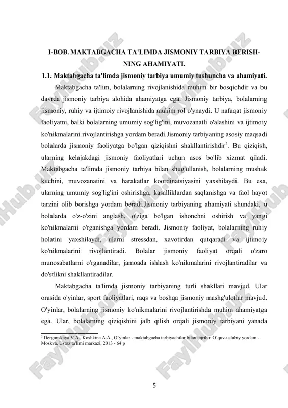 . maktabgacha yoshdagi bolalar, o‘zlarining jismoniy salomatligi, psixologik va ijtimoiy rivojlanishi uchun jismoniy tarbiya mashg‘ulotlariga katta ehtiyoj sezadilar. jismoniy tarbiya nafaqat bolalar sog‘ligini mustahkamlash, balki ularning psixologik barqarorligini, ijtimoiy ko‘nikmalarini rivojlantirish, shuningdek, o‘qish va boshqa faoliyatlarga tayyorligini oshirish uchun zarur bo‘lgan birinchi qadamlardir.jismoniy tarbiya va uning maktabgacha ta'limdagi ahamiyati haqida gapirganda, uning nafaqat bolalar uchun sog‘lom turmush tarzini yaratishda, balki ularning intellektual va emotsional rivojlanishida ham beqiyos o‘rni borligini ta'kidlash kerak. ushbu jarayonda o‘yin va turli faoliyatlar orqali bolalar o‘z jismoniy salohiyatini aniqlashadi, yangi harakatlarni o‘rganishadi va bu orqali tanasini boshqarish qobiliyatini rivojlantirishadi. shu bilan birga, jismoniy faollik bolalarda bo‘sh vaqtni samarali tashkil etish va ruhiy holatni barqarorlashtirishga yordam beradi.jismoniy tarbiyaning bolalar uchun ahamiyati keng qamrovli bo‘lib, uning bir nechta muhim jihatlari mavjud. avvalo, jismoniy mashg‘ulotlar bolalarning sog‘lig‘ini mustahkamlashga yordam beradi. tana tarbiyasi orqali bolalar immunitet tizimini kuchaytirish, yurak va tomir tizimlarini yaxshilash, mushaklarning rivojlanishi va ko‘prik reflekslarini shakllantirish kabi …