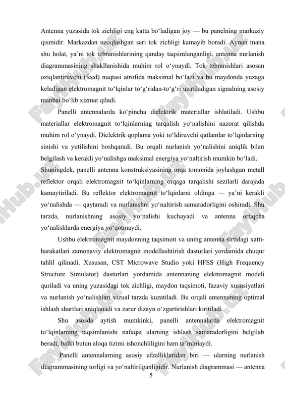 tirish imkonini beradi. elementlar orasidagi masofa λ/2 dan oshmasligi kerak, aks holda grating lobe (keraksiz nurlar) paydo bo‘lishi mumkin. shuningdek, antennaning orqa tarafida joylashgan reflektor materiali va hajmi ham nurlanish diagrammasiga katta ta’sir ko‘rsatadi. agar reflektor metall materialdan yasalgan bo‘lsa va antenna orqa tarafini to‘liq yopib tursa, elektromagnit to‘lqinlar orqaga tarqalmasdan, faqat oldinga yo‘naltiriladi. bu esa yo‘naltirilganlikni oshiradi va signalning yo‘qotilishini kamaytiradi. nihoyat, nurlanish diagrammasining shakllanishiga quyidagi omillar bevosita ta’sir ko‘rsatadi: · antenna yuzasining o‘lchami – katta yuzalar torroq va kuchliroq nurlanishga ega bo‘ladi. · elementlarning joylashuvi va soni – simmetrik va muntazam joylashuv aniq diagramma beradi. · ish chastotasi – yuqori chastotalarda tor diagrammalar hosil bo‘ladi. · fazali boshqaruv (phase control) – signalning elektron tarzda burilishi va yo‘naltirilishiga xizmat qiladi. yuqoridagi barcha omillar panelli antennalarning elektromagnit xususiyatlarini belgilaydi va ularni amaliy aloqa tizimlarida yuqori samaradorlik bilan qo‘llash imkonini beradi. panelli antennalar zamonaviy texnologik jarayonlarda keng qo‘llaniladigan va muhim ahamiyatga …