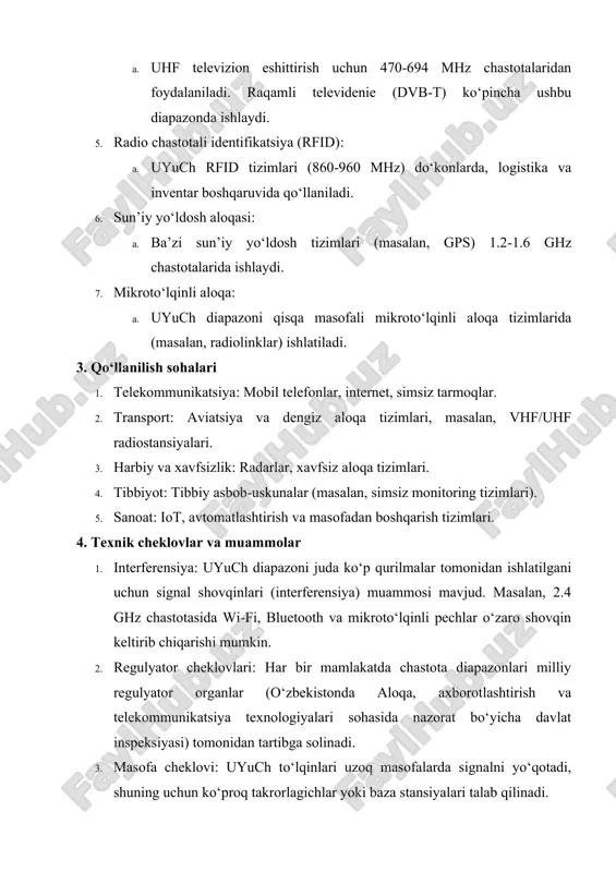 ganda, takrorlagichlar signalni qabul qilib, kuchaytiradi va qayta uzatadi. · turlari: faol (active) yoki passiv (passiv) takrorlagichlar. f) boshqaruv va monitoring tizimlari · zamonaviy radioliniyalarda signal sifatini, quvvatni va tarmoq holatini kuzatish uchun dasturiy ta’minot va sensorlar mavjud. · masofadan boshqarish imkoniyati tufayli nosozliklarni tez aniqlash va bartaraf etish mumkin. 2. ishlash prinsipi yer usti radioliniyalari elektromagnit to‘lqinlar orqali ma’lumot uzatishga asoslanadi. ishlash jarayoni quyidagi bosqichlardan iborat: 1. ma’lumotni tayyorlash: · kiruvchi ma’lumot (masalan, ovoz, video yoki internet trafigi) raqamli yoki analog signal shaklida uzatuvchiga keladi. · signal modulyatsiya qilinadi, ya’ni ma’lumot yuqori chastotali tashuvchi to‘lqinga “o‘rnatiladi”. 2. signalni uzatish: · modulyatsiya qilingan signal kuchaytiriladi va antenna orqali elektromagnit to‘lqin sifatida havoga yuboriladi. · to‘lqinlar ko‘rish chizig‘ida (line-of-sight) qabul qiluvchi antennaga yo‘naltiriladi. 3. signalni qabul qilish: · qabul qiluvchi antenna to‘lqinlarni qabul qiladi va ularni elektr signaliga aylantiradi. · demodulyator signalni asl ma’lumot shakliga qaytaradi. 4. ma’lumotni qayta ishlash: · …