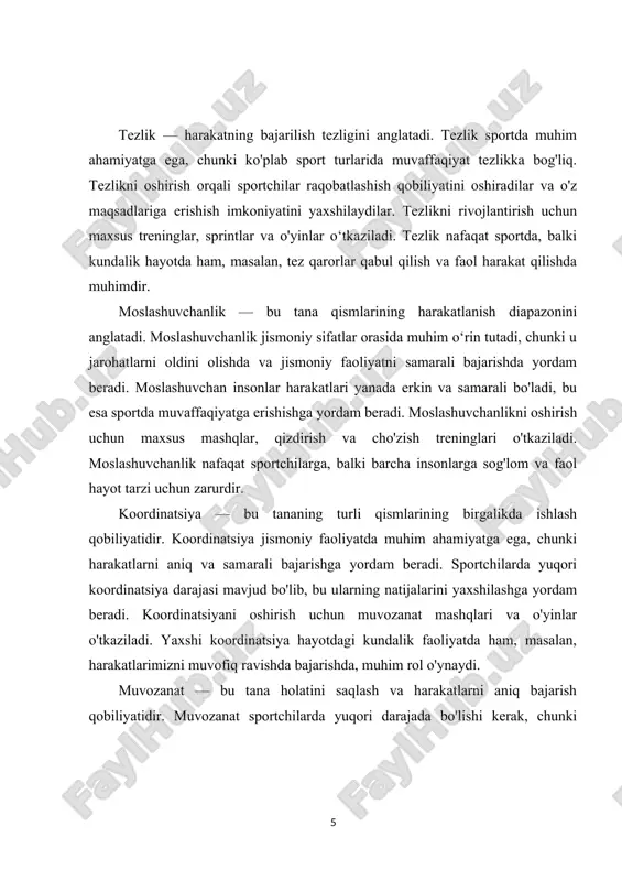 h, nafaqat sport, balki hayotning boshqa sohalarida ham muvaffaqiyatga erishish yo'lida muhim omil hisoblanadi.jismoniy sifatlar inson organizmining jismoniy faoliyatdagi ko‘rsatkichlarini belgilovchi va unga ta’sir qiluvchi xususiyatlar hisoblanadi. bu sifatlar nafaqat sportchilar, balki har bir odam uchun muhimdir, chunki ular umumiy jismoniy va ruhiy salomatlikni saqlashga yordam beradi. jismoniy sifatlar, asosan, to‘rt asosiy guruhga bo‘linadi: kuch, tezlik, chidamlilik va moslashuvchanlik. har bir jismoniy sifatning o‘ziga xos ahamiyati bor va ular turli jismoniy faoliyatlar uchun zarurdir. kuch — bu mushaklarning maksimal ishni bajarish qobiliyati bo‘lib, u hamma jismoniy mashqlarda, ayniqsa, kuch talab qiladigan sport turlari, masalan, og‘ir atletika va kurashda asosiy rol o‘ynaydi. kuchli bo‘lgan odam ko‘proq yuklarni ko‘tarishi, uzoq vaqt davomida jismoniy ishni bajarishi mumkin. kuchning rivojlanishi nafaqat sportchilar uchun, balki kundalik hayotda og‘ir yuklarni ko‘tarish va jarohatlardan saqlanish uchun ham muhimdir. tezlik — bu tez harakatlanish qobiliyatidir va sportning ko‘plab turlarida, masalan, yengil atletika va futbol kabi sportlarda alohida ahamiyatga …