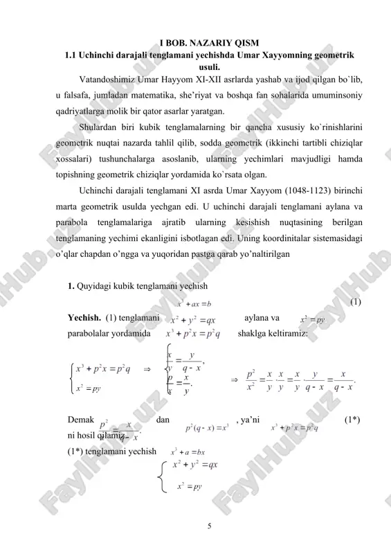 igan qilib tanlaymiz, bunda larning birortasini parametr deb olish kerak. natijada (d) ga asosan (**) tenglama (e) ko’rinishga keladi. (e) tenglamadan muavrning ikkinchi formulasiga ko`ra ildiz chiqarsak uchinchi darajali ildizdan larni topamiz. endi (f) almashtirishga asosan yi (i=1,2,3) larni qiymatlarini qo’ysak uchta kvadrat tenglama hosil bo`ladi. bu kvadrat tenglamani yechamiz, bu erda lar (d) dan aniqlanadi. oxirgi (f) ni kvadrat tenglama sifatida yechamiz. u holda: noma’lumlarni topgan bo’lamiz. shunday qilib x0=1, x1, x2 yechimlar topilgan bo’ladi, ya’ni (2) tenglamaning yechimlari hosil bo’ladi. misol 1. bu misolni yechish uchun deb yozamiz alashtirishni olamiz. u holda ifodalarni hosil qilamiz va tenglamalar sistemasini quyidagi ko`rinishda yozamiz bu tenglamalar sistemasidan quyidagi determinantni tuzamiz bu determinantdan (**) uchinchi darajali tenglamani hosil qilamiz. endi (**) tenglamani koeffitsentlarini aniqlaymiz. endi (d) shartga e’tibor beramiz. ekanligidan , va bundan kelib chiqadi. endi ni hisoblaymiz. bu ning qiymatiga asosan (e) tenglamani tuzamiz. bundan hosil qilamiz. a+bi- kompleks sondan ildiz …