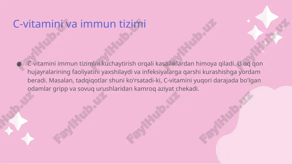 lashda e'tibor berish qo'shimchalarni tanlashda sifat, tarkib va ishlab chiqaruvchiga e'tibor berish muhimdir. allergik reaktsiyalarni hisobga olish kerak. c-vitamini yetishmasligi va uning sabablari oziq-ovqat manbalari c-vitamini yetishmasligi ko'pincha oziq-ovqat manbalarining yetishmasligi bilan bog'liq. meva va sabzavotlarni yetarlicha iste'mol qilmaslik ushbu vitaminni olishda muhim omil hisoblanadi. oziq-ovqat qabul qilish oziq-ovqat qabul qilishdagi muammolar, masalan, oshqozon-ichak kasalliklari, c-vitamini so'rilishiga to'sqinlik qilishi mumkin. bu holat vitamin yetishmasligini kuchaytiradi. genetik omillar genetik omillar ham c-vitamini yetishmasligiga ta'sir ko'rsatishi mumkin. ayrim odamlar genetik jihatdan vitaminni yaxshi so'ray olmaydilar yoki tez yo'qotadilar. boshqa omillar sog'liq holati, masalan, surunkali kasalliklar yoki stress ham c-vitamini ehtiyojini oshirishi mumkin. bunday omillar vitamin yetishmasligi xavfini orttiradi. c-vitamini yetishmasligining ta'siri immun tizimining zaiflashishi c-vitamini yetishmasligi immun tizimini zaiflashtiradi, bu kasalliklar rivojlanishini oshiradi. terida belgilar terida quruqlik va ajinlar paydo bo'ladi, rang o'zgaradi. energiya darajasining pasayishi energiya darajasi pasayadi, charchoq hissi kuchayadi. c-vitamini va surunkali kasalliklar c-vitamini yetishmasligi turli surunkali kasalliklar, jumladan, …