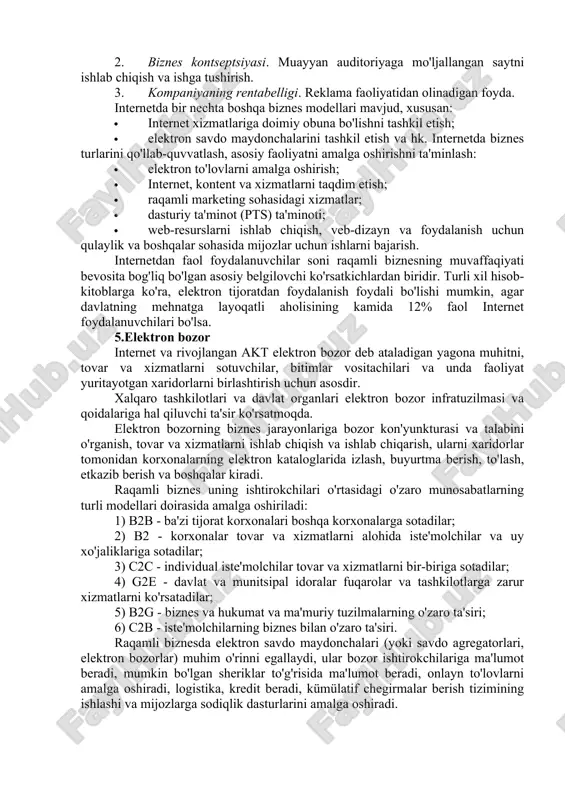 a biznes modellarini ishlab chiqishni ham o'z ichiga oladi. shunday qilib, elektron biznes raqamli biznesning ajralmas qismidir. raqamli transformatsiya - bu tashkilotning madaniyatini o'zgartirish va tashkilot chegaralarini kengaytiradigan va o'zlarining ekotizimlarini shakllantirishga imkon beradigan yangi axborot texnologiyalarini joriy etish orqali kompaniyaning raqamli biznesga o'tishi. g'oliblar tarmoqlar o'rtasidagi chegaralar yo'qolishi sharoitida o'sish uchun o'z biznes modellarini qayta yo'naltira oladigan kompaniyalar bo'ladi. raqamli biznes uchun internetdan foydalanishning asosiy maqsadlarini sanab o'tamiz: · jismoniy va raqamli tovarlar va xizmatlarni sotishdan qo'shimcha daromad olish; · xarajatlarni kamaytirish va operatsiyalar vaqtini qisqartirish; · bozorda o'z mahsulotlari va xizmatlarini reklama qilish va targ'ib qilish, shuningdek o'z brendlarini mustahkamlash. atrof muhitda biznes yuritishning asosiy yo'nalishlarini ko'rib chiqing kompaniyaning maqsadlari (a), kontseptsiyasi (b) va rentabelligi (c) bo'yicha internet. birinchi yo'nalish - allaqachon mavjud an'anaviy off-line biznesni axborot bilan ta'minlash. 1. maqsadlar. onlayn kanalda yangi reklama tashkillashtirishni tashkil etish; potentsial xaridorlar sonini kengaytirish; sheriklar bilan o'zaro ta'sir qilish jarayonlarini …