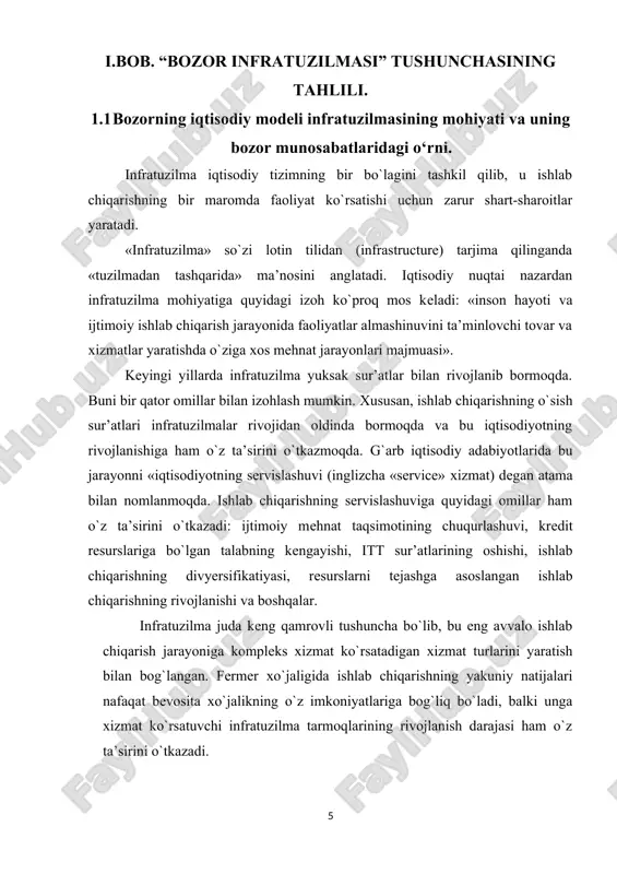 or shubhasiz ishlab chiqarish va bozor infratuzilmalarini yaratish va takomillashtirishga qaratilgan bo`lmog`i lozim. bozor iqtisodiyotiga o`tish sharoitida хizmat ko`rsatishning u yoki bu sohasida korхonalarning monopol mavqеini qo`lga kiritishni inkor etib, faqatgina sog`lom raqobat kurashiga tayanib rivojlanuvchi ko`p sonli korхonalarning vujudga kеlishini rag`batlantiradi. shu bilan birga mavjud infratuzilma tizimlari yangidan shakllanib kеlayotgan хo`jaliklarning хizmat turlariga bo`lgan ehtiyojlarini to`liq qondirishi lozim. zamonaviy bozor deganda xaridor va sotuvchilarga tovarlarni erkin sotib olish va sotish imkonini beradigan har qanday tizim tushuniladi. bozor tuzilishi turli shakllarda harakat qilishi mumkin. bu shahar maydonidagi an'anaviy bozor bo'lishi mumkin; tovar, fond, valyuta birjasi yoki mehnat birjasi; "sotish-sotib olish" kabi gazeta e'lonlari; tovarlarni sotish uchun axborot-kompyuter tizimlari va boshqalar.bozorlarning ko'plab turlari mavjud bo'lib, ularning asosiylarini quyidagi uchta mezon bo'yicha guruhlash mumkin. bozor infratuzilmasi - tovarlarni sotish bepul jarayonini qilish sotuvchi va xaridorlarni beruvchi, tizim integratsiya. bozor samarali infratuzilmasini shakllantirish muammolari kimning iqtisodiyoti o'tish darajada bo'lgan mamlakatlar uchun ayniqsa ahamiyatlidir. …