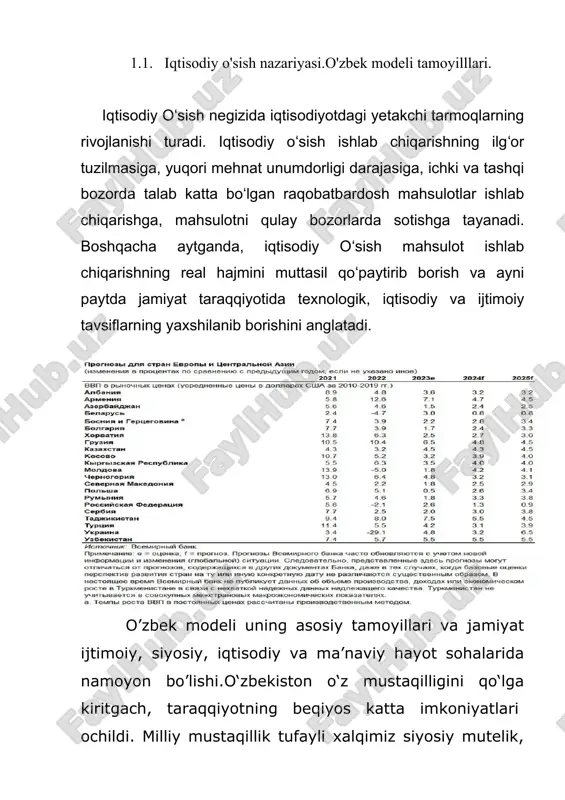 energiya tariflari oshishi hisobiga 11 foizgacha tezlashishini kutmoqda. qat’iy pul-kredit siyosatini davom ettirish, budjet xarajat va daromadlarini sezilarli darajada optimallashtirish zarurligi qayd etildi. o’zbek modeli deganda biz avvalo, o'zbekistonning mustaqil milliy taraqqiyoti qanday bo'lishi lozimligini asoslaydigan, uni muayyan maqsadlarga yo'naltiradigan eng umumiy nazariy xulosalar va mo'ljallar bilan davlatning belgilangan maqsadlarga erishishga qaratilgan amaliy siyosatining mushtarakligini anglatadi jamiyatni isloq etishning besh tamoyili taraqqiyotning o'zbek modeli jamiyatni inqilobiy tarzda emas, balki evolyusion-tadrijiy ravishda isloq etishdir. xx asrning ikkinchi yarmidan boshlangan chuqur iqtisodiy- ijtimoiy va siyosiy o'zgarishlar natijasida rivojlanishning zamonaviy modellari shakllana boshladi. «model» tushunchasining talqinlari turlicha bo'lib, ular ba'zan umumiylik jihatlariga ega bo'lsada, ko'pincha bir-biriga unchalik mos kelmaydi. ba'zi olimlar modelni «davlat tuzumi» desa, boshqalari «ijtimoiy-iqtisodiy formatsiya» deb talqin etadi. yana ba'zilari esa uni «ijtimoiy- iqtisodiy rivojlanish yo'li shaklining chizgilari (ko'rinishi)», deb talqin etadi. ba'zi o'zbek olimlarining fikricha, model – «iqtisodiy bazisning asosi bo'lgan huquqiy, ma'muriy, xo'jalik (bank, kredit, soliq va boshqa) …