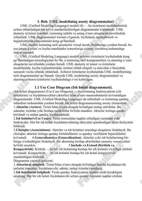. bir akterning boshqa akterlardan umumiy xususiyatlari bo'lishi mumkin. 5.include va extend (kiritish va kengaytirish): kiritish — bu bir ish holatining boshqa bir ish holatini o'z ichiga olishini ko'rsatadi. kengaytirish — bu ish holatini boshqa bir ish holati kengaytirishi mumkinligini bildiradi. diagramma yaratish jarayoni: 1.aktorlarni aniqlash: tizim bilan o'zaro aloqada bo'ladigan barcha foydalanuvchi turlarini (masalan, foydalanuvchi, admin, tashqi tizimlar) aniqlang. 2.ish holatlarini belgilash: tizim qanday funksiyalarni taqdim etishi kerakligini aniqlang. har bir ish holati foydalanuvchi uchun qanday xizmatni taqdim etishini tushuning. 3.aktorlar va ish holatlari o'rtasida aloqalarni chizish: har bir akter uchun tegishli ish holatlari bilan aloqalarni ko'rsating. 4.kengaytirish va kiritish munosabatlarini qo'shish: agar kerak bo'lsa, ish holatlarini kengaytirish yoki birlashtirish munosabatlarini qo'shing. misol: agar sizda "kitob do'koni" tizimi bo'lsa, uning ish holati diagrammasi quyidagicha bo'lishi mumkin: · aktorlar: foydalanuvchi, admin, to'lov tizimi · ish holatlari: kitob qidirish, buyurtma berish, to'lovni amalga oshirish, buyurtmalarni boshqarish foydalanuvchi kitob qidirish va buyurtma …