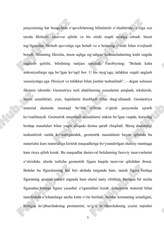 il qilish nuqtai nazardan izohlanadi. agar o‘quvchiga fazoviy tasavvurlar yaxshi shakllansa, har qanday qiyinchilikdagi masalalarni soddagina yechish imkoniyatiga ega bo‘ladi. fazoviy tasavvurlar rasm chizmachilik, steriometriya masalalarini yechishda shakllanadi, ba'zan o‘quvchilar ayni bir figuraning turli ko‘rinishlarida tasvirlangan hollarini bir-birlaridan farqlay olmaydilar. bunda o‘qituvchi faoliyati muhim o‘rin tutadi. bitta obyektni turli xil ko‘rinishlari ustida fikrlash, o‘quvchilarda fazoviy tasavvur va tafakkurlarni shakllantiradi. fazoviy tasavvurlarni shakllantirish o‘quvchilarning konstruksion texnologik tafakkurlarini shakllantiradi. shuningdek, steriometrik figuralarni kesma holida chizmalarda qaralishi fazoviy tasavvurlarni shakllantiradi. boshlang‘ich sinfda geometrik materialni o‘rganishda quyidagi talablar qo‘yiladi: fazoviy munosabatlar. geometrik shakllar. kattaliklar bo‘yicha. -mavjud hayotiy tajribalarni tizimga solishni davom ettirish, geometrik shakllarni atrof borliq buyumlarining obrazi sifatida idrok etish; - uzunlik o‘lchov birligi km va uning belgilanishi: km (kilometr) bilan tanishish; -uzunlik o‘lchov birliklari: km, m, dm, sm va mm orasidagi munosabatlar haqida tasavvurga ega bo‘lish; -yuz o‘lchov birligi kv.m, kv.dm va hokazolar bilan tanishish; -aylanani teng bo‘laklarga bo‘lishni, ichki ko‘pburchaklar chizishni …