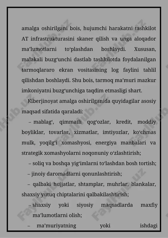rning o‘rni qonunda belgilangan tartibda qoplanishi yoki ma’naviy ziyon kompensasiya qilinishi huquqiga ega. 11- modda. axborotni muhofaza etish har qanday axborot, agar u bilan qonunga xilof ravishda muomalada bo‘lish axborot mulkdori, egasi, axborotdan foydalanuvchi va boshqa shaxsga zarar yetkazishi mumkin bo‘lsa, muhofaza etilmog‘i kerak. axborotni muhofaza etish: · shaxs, jamiyat va davlatning axborot sohasidagi xavfsizligiga tahdidlarning oldini olish; – axborotning maxfiyligini ta’minlash, tarqalishi, o‘g‘irlanishi, yo‘qotilishining oldini olish; – axborotning buzib talqin etilishi va soxtalashtirilishining oldini olish maqsadida amalga oshiriladi. 13-modda. shaxsning axborot borasidagi xavfsizligi shaxsning axborot borasidagi xavfsizligi uning axborotdan erkin foydalanishi zarur sharoitlari va kafolatlarini yaratish, shaxsiy hayotiga taalluqli sirlarini saqlash, axborot vositasida qonunga xilof ravishda ruhiy ta’sir ko‘rsatilishidan himoya qilish yo‘li bilan ta’minlanadi. jismoniy shaxslarga taalluqli shaxsiy ma’lumotlar maxfiy axborot toifasiga kiradi. jismoniy shaxsning roziligisiz uning shaxsiy hayotiga taalluqli axborotni, xuddi shuningdek, shaxsiy hayotiga taalluqli sirini, yozishmalar, telefondagi so‘zlashuvlar, pochta, telegraf va boshqa muloqot sirlarini buzuvchi axborotni to‘plashga, …
