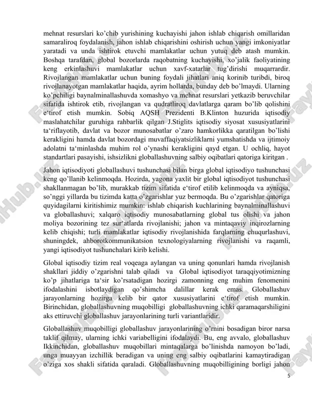 hamda rivojlanish shakllari jiddiy o’zgarishni talab qiladi va global iqtisodiyot taraqqiyotimizning ko’p jihatlariga ta‘sir ko’rsatadigan hozirgi zamonning eng muhim fenomenini ifodalashini isbotlaydigan qo’shimcha dalillar kerak emas. globallashuv jarayonlarning hozirga kelib bir qator xususiyatlarini e‘tirof etish mumkin. birinchidan, globallashuvning muqobilligi globallashuvning ichki qaramaqarshiligini aks ettiruvchi globallashuv jarayonlarining turli variantlaridir. globallashuv muqobilligi globallashuv jarayonlarining o’rnini bosadigan biror narsa taklif qilmay, ularning ichki variabelligini ifodalaydi. bu, eng avvalo, globallashuv ikkinchidan, globallashuv muqobillari mintaqalarga bo’linishda namoyon bo’ladi, unga muayyan izchillik beradigan va uning eng salbiy oqibatlarini kamaytiradigan o’ziga xos shakli sifatida qaraladi. globallashuvning muqobilligining borligi jahon globallashib borayotgan bir paytda globallashuvning o’zi uchun salbiy oqibatlarini kamaytirib va bu jarayonlardan imkon qadar ko’p foyda olib, inson uchun globallashuv jarayonlariga ta‘sir ko’rsatish imkoniyatini yaratadi. globallashuv jarayonlari to’lqinsimon rivojlanish xususiyatlariga ega bo’lib, uning rivojlanishida bir qator to’lqinlarni keltirish mumkin. xix va xx asrlarda globallashuvning birinchi to’lqini nazariyachilari (r. kobden va j. brayt) erkin savdo shubhasiz iqtisodiy o’sishga …