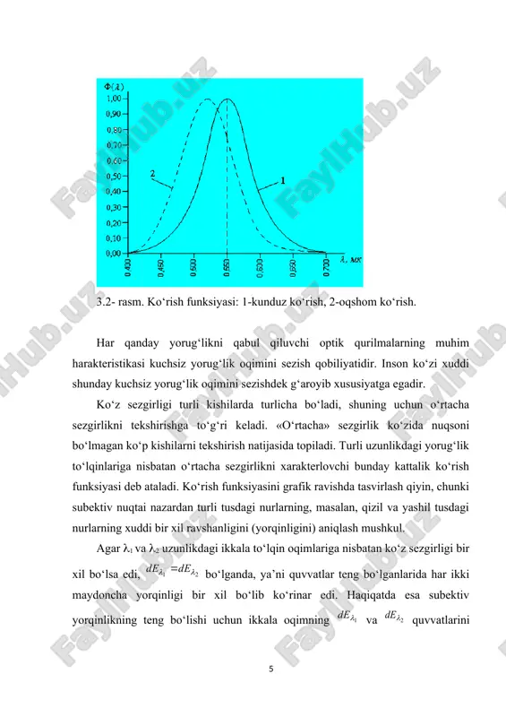r tekis yuborilayotgan bo‘lsa, bo‘ladi. bu har qanday yo‘nalish uchun bir xil bo‘ladi. oqim notekis bo‘lgan holda ф/4 kattalik faqat yorug‘likning o‘rtacha kuchi bo‘ladi va yorug‘likni o‘rtacha sferik kuchi deyiladi. tayinli bir yo‘nalish bo‘yicha yorug‘lik kuchini o‘lchash uchun d elementar fazoviy burchak olinib va bu fazoviy burchakka to‘g‘ri kelgan d yorug‘lik oqimi o‘lchanishi kerak: (3.5) yoritilganlik е. yoritilganlik deb, sirt birligiga to‘g‘ri kelgan oqim kattaligiga aytiladi. yuzning yoritilganligi bo‘ladi. (3.2) va (3.3) larni hisobga olsak, (3.6) bo‘ladi. (3.5) dan ko‘rinadiki nuqtaviy manba hosil qilgan yoritilganlik manbadan sirtgacha bo‘lgan masofaning kvadratiga teskari proporsional va yorug‘lik oqimi yo‘nalishi bilan yoritilgan sirtga o‘tkazilgan normal orasidagi burchak kosinusiga to‘g‘ri proporsional bo‘ladi. manbaning b ravshanligi. ba’zi bir manbalarni nuqtaviy manbalar deb bo‘lmaydi. bu manbalarning ko‘pi shuncha kattaki, kuzatish olib borganda oddiy masofalarda ko‘z bilan ularning shaklini payqash mumkin. juda ko‘pchilikni tashkil qilgan bunday manbalarga nisbatan ravshanlik tushunchasi tarixiy ma’noga ega. bu tushuncha ajrata olish qobiliyati …