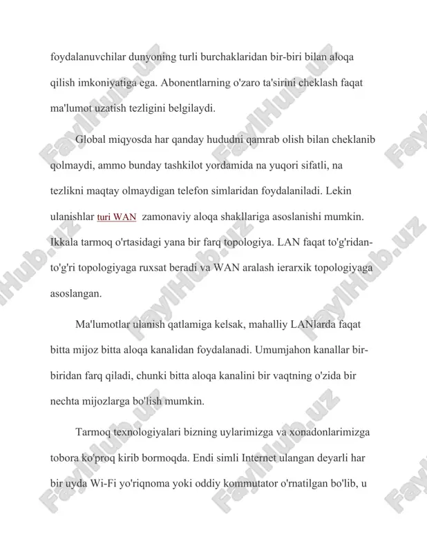 ompyuterlarni tarmoqqa birlashtirish uchun moʻljallangan lokal kompyuterlar tarmoqlarining standart texnologiyalari hisoblangan – ethernet, arcnet, token ring, token bus va fddi texnologiyalaridan amalda foydalanish natijasida, ularning afzalliklari va kamchiliklari maʼlum boʻla bordi. texnologiyalarni ishlab chiqaruvchilar aniqlangan kamchiliklarni tuzatib, oʻzlarining yangi texnologiyalarini ishlab chiqara boshladilar. avval arcnet va token bus, keyinchalik esa token ring va fddi texnologiyalari bozorlarda yuzaga kelgan raqobatlar natijasida sotilmay qoldi. xozirga kelib esa, ethernet texnologiyasini ishlab chiqaruvchilarining harakatlari natijasida, ushbu texnologiyaning keyingi ishlab chiqarilgan 100 mbit/sek tezlikda ishlaydigan fast ethernet va 1 gbit/sek – 100 gbit/sek tezliklarda ishlaydigan gigabit ethernet texnologiyalaridan, zamonaviy lokal kompyuter tarmoqlarini qurishda keng foydalanilmoqda. global kompyuter tarmoqlari texnologiyalariga misol qilib - x.25, frame relay, smds, atm va tcp/ip texnologiyalarini keltirish mumkin. ushbu texnologiyalar ham, lokal kompyuter tarmogʻi texnologiyalari kabi, maʼlum yillar davomida qoʻllanib va takomillashtirilib kelinmoqda. xozirgi paytda esa, asosan atm va tcp/ip texnologiyalaridan keng foydalanilmoqda. xulosa: xulosa o'rnida shuni aytish mumkinki, tarmoq, tarmoq …