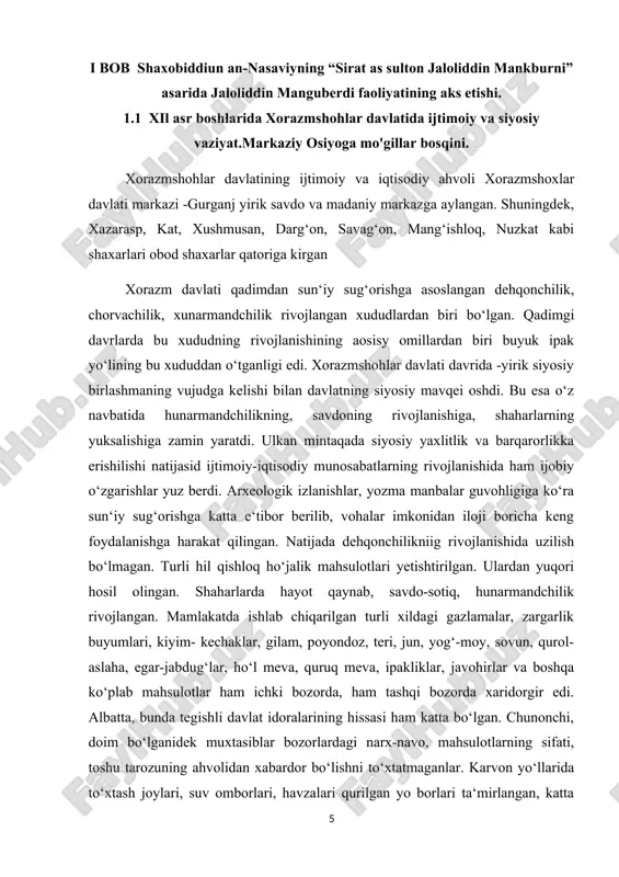 natijasida qiyin ahvolga tushib qolgan aholini soliqlardan ozod etgan. xorazmshohlar davrida dehqonlarning turmush tarzi ancha yuqori bo‘lgan. xukmdorlar va iqto egalari ham dehqonchilikdan yuqori hosil olish uchun dehqonchilikka ko‘p mablag‘ sarflab, qishloqning iqtisodiyotiin qo‘tarishga harakat qilganlar. takashning munshiysi -shaxsiy kotibi muxammad bag‘dodiy at-tasviri ila-t-tarassul (muxim nomalar bitish yo‘l-yo‘riqlari) asarida o‘sha davrdagi axvolni yozib qoldirgan. bu davrdagi voqea-hodisalarni o‘z ko‘zi bilan ko‘rgan va to‘g‘ri xolis xulosalar chiqarishi mumkin bo‘lgan inson shahobiddin an-nasaviy sulton muhammadning hukmronligini yuksak baholab shunday deydi: «uning amalga oshirgan ishlari nihoyatda ulug‘ edi, otasi unga xuroson va xorazm hukmdorligini meros qoldirdi, u bunga iroq va mozandaronni ham birlashtirdi. shu bilan birga, qo‘l ostiga kirmon, kesh, seyiston, g‘ur, o‘azni, bomiyon mamlakatlarini, hindistonning vodiylariga qadar maskanlarni qo‘shib oldi. bu ishlarning hammasini qilichlar qindan chiqarilmasdan, hatto qinlar yelkalarga osilmasdan amalga oshirildi, bu mamlakatlarni ortiqcha kuchsiz, kurashsiz, zo‘ravonlik ____________________________ karimov i.a tarixiy xotirasiz kyelajak yo’q. t. sharq, 2018 va vayronagarchiliksiz, faqat tahdid …