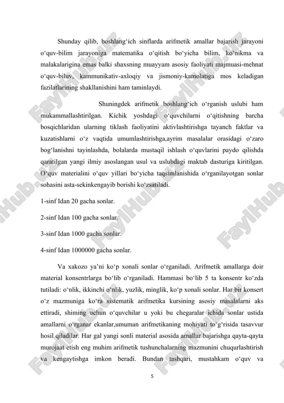 soblash usullari sonni yig‘indiga qo‘shish, yig‘indini sondan ayirish qoidalariga asoslangan holda ochib beriladi. o‘quvchilar mustaqilligi ta’kidlanadi va unga katta e’tibor beriladi. o‘quvchilarning mustaqil ishlariga rahbarlik qilish va o‘qitishni individuallashtirishni amalga oshirish uchun maxsus ravishda bu varaqlar kartonga yopishtirilib, o‘quvchilarga tarqatiladi. ko‘rgazmalilik, ayniqsa, ta’limning birinchi qadamlarida keng qo‘llaniladi.keyinchalik “amallarni o‘rganish metodi” deb atalgan metodni nazariy asoslashga va amaliy ishlab chiishga asos solindi. xix asrning 60-yillariga kelganda yangi o‘qitish yo‘nalishlari hosil bo‘la boshladi. uni rus metodisti b.yevtushevskiy qayta ishlab rus boshlang‘ich maktablarida qo‘lladi. keyinchalik b.latishev arifmetik amallarni o‘rganish metodikasini yaratdi. amallarni o‘rganishni uch konsentrga bo‘lib tavsiya qilgan: a) o‘nlik; b) yuzlik; d) ko‘p xonali sonlar. arifmetik amallar, ularning xossalari, ko‘rsatmali tushuntirish, arifmetik cho‘t, og‘zaki hisoblash jadvali kabi ko‘pgina metodik tavsiyanomalarni berdi. shu asosida xx asr boshigacha arifmetikani yaratish va uni o‘qitish sohasida ancha siljishlar bo‘ldi. arifmetika ongni rivojlantirishda oldingi o‘rinda turishligi isbotlandi. boshlang‘ich sinf o‘quv dasturida boshlang‘ich sinflarda matematika o‘qitishning asosiy vazifalaridan …