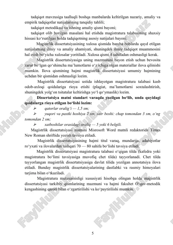 stratura mutaxassisligi xususiyati hisobga olingan holda magistrlik dissertatsiyasi tarkibiy qismlarining mazmuni va hajmi fakultet o‘quv-metodik kengashining qarori bilan o‘zgartirilishi va ko‘paytirilishi mumkin. iii. ilmiy tadqiqot ishi va magistrlik dissertatsiyasini tayyorlashning semestrlar bo’yicha taqsimoti i kurs, 1- semestr. ilmiy-tadqiqot ishi va magistrlik dissertatsieasi tayyorlash bo‘yicha magistrant tomonidan bajariladigan ishlarning mazmuni № bajariladigan tadbirlarning nomi ajratilgan mustaqil ta’lim soatlar 1. magistrlik dissertatsiyasi mavzusini tanlash 2 2. ilmiy mavzusi bo’yicha adabiyotlar bilan tanishish, yangi ilmiy tadqiqot ishlarini o‘rganish va eng muhimlari bo‘yicha katalog tuzish 4 3. ilmiy mavzusi bo‘yicha qaror va me’yoriy hujjatlarni o‘rganish 4 4. dissertatsiya mavzusini asoslash (annotatsiya tayyorlash) 4 5. nazariy manbalar bilan tanishish, mavzu bo‘yicha ilmiy metodlar, uslublar, isbotlash yo‘llari va texnologiyalarni o‘rganish va eng muhim holatlarni konspektlashtirish 4 6. mavzu bo‘yicha ilmiy anjumanlar materiallari bilan tanishish 4 7. internet tarmog'idan magistrlik dissertatsiyasi mavzusiga doir ishonchli materiallarni ko'chirib olishni o'rganish. 6 8. science direct, springer nature, researchgate, google scholar …
