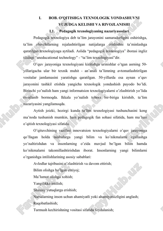 oniyati cheklangan. · yordamga va tayanch kishiga muxtoj. bizda ta’lim nazariyasi va amaliyotida, o’quv jarayoniga texnologik xarakterni kiritish 50-yillardan boshlangan. ular, an’anaviy o’qitish uchun texnik vositalar majmuasini yaratishda o’z ifodasini topgan. hozirgi vaqtda, pedagogik texnologiyaga oddiygina “o’qitishning texnik vositalaridan yoki kompyuterlardan foydalanish sohasidagi tadqiqotlar sifatida qaralmaydi: bu, o’qitish samaradorligini oshiruvchi omillarni tahlil qilish va qo’llash yo’li bilan hamda qo’llanilayotgan usullarni baholash vositasida ta’lim jarayonining tamoyillarini aniqlash va optimallashtirish usullarini ishlab chiqish maqsadidagi tadqiqotlardir”. (международной ежегодник по технологии образования и обучения, 1978-79, лондон, ню-ёрк, 1978. с. 258. (ingliz tilida). v.p. bespalko bo’yicha, barcha ta’lim va tarbiya ishlarini pedagogik texnologiya yo’liga o’tkazish - o’quv amaliyotini, pedagogik jarayonni qurish va amalga oshirishda ixtiyoriylikdan, uning har bir elementini va bosqichini tartibli asoslashga, obyektiv tashxis qilinadigan yakuniy natijaga intilishiga keskin ravishda burilishini ifodalaydi ma’rifatli va rivojlangan mamlakatlarda muvaffaqiyat bilan qo’llanilib kelinayotgan ta’lim texnologiyalarini o’rganib, xalqimizning milliy pedagogika an’analaridan hamda ta’lim sohasining shu kundagi holatidan kelib …