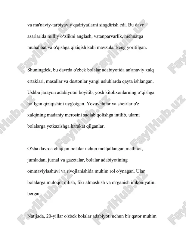 ab o'quv dasturlariga kiritishga harakat qildilar. shu tariqa, bolalar shiorlari, qo'shiqlar va o'quv materiallari ishlab chiqildi. bu harakatlar bolalar dunyoqarashini kengaytirishga, ularning ma'nan yetuk inson bo'lib ulg'ayishiga xizmat qildi. 1930-yillar boshlarida bolalar adabiyotida sotsializmni targ'ib qilish yo'lida asarlar yozildi. bu davrda bolalarni mustahkam bilim olishga, mehnatsevar bo'lishga va jamiyatda faol ishtirok etishga chorlash maqsadida ko'plab asarlar yaratildi. ayni paytda, temur malik, g'ulom zafariy va boshqa shoirlar bolalar uchun she'rlar ijod qilishgan. jadidchilik harakati ortidan qad krok qilgan she'riyatning asosiy maqsadi savodxonlikni oshirish va savodli yangi avlodni tarbiyalash edi. bu davrda maktab o'quv dasturlariga mos holda xalqning madaniy saviyasini ko'tarishga qaratilgan ko'plab she'riy asarlar yozildi. bolalar adabiyotining rivojlanishi natijasida yosh avlod uchun maxsus mo'ljallangan ko'plab kitoblar va matbuot nashrlar paydo bo'ldi. bolalar adabiyotining rivoji faqat didaktik asarlar bilan cheklanib qolmay, bu davrda bolalar uchun tarjima adabiyoti ham tarkib topdi. rossiya va boshqa davlatlardan olib kelinib tarjima qilingan asarlar bolalar adabiyotining boyishi …