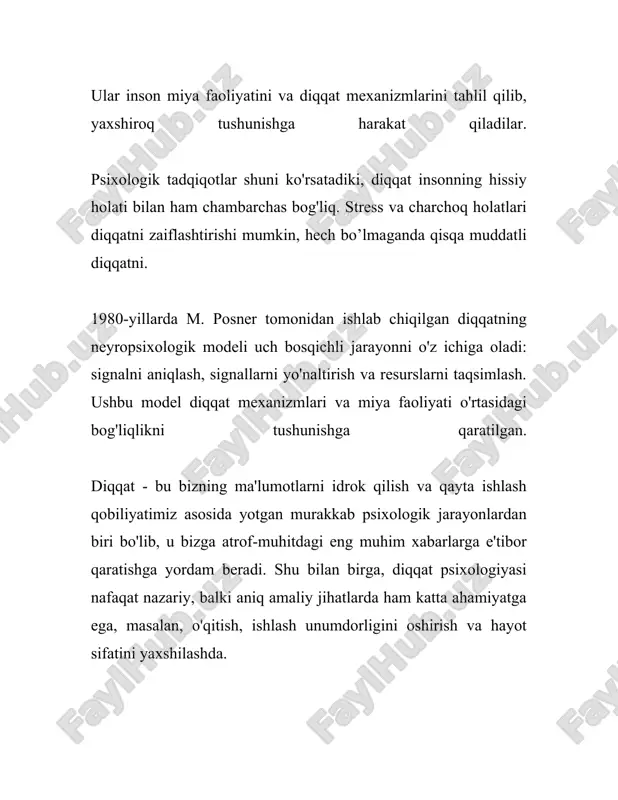a, ixtiyoriy diqqat ishtirok etadi. masalan, dars qilish yoki biror muammoni hal etish paytida ixtiyoriy diqqat ishlatiladi. ixtiyoriy diqqat yuqori darajada konsentratsiyani talab qiladi va ko‘pincha insonning jismoniy va ruhiy energiyasini ko‘proq sarflanishiga sabab bo‘ladi. 2. **ixtiyorsiz diqqat**: bu turdagi diqqat, ongli ravishda boshqarilmaydigan, tabiiy ravishda ma'lum bir stimuluslarga javoban paydo bo‘ladi. ixtiyorsiz diqqatning asosiy xususiyatlaridan biri shundaki, yalt etgan nur, baland tovush yoki o‘zgaruvchan muhitga duch kelganda avtomatik ravishda namoyon bo‘ladi. ixtiyorsiz diqqat evolyutsion jarayon natijasida insonlarning omon qolishiga yordam beruvchi mexanizm sifatida rivojlangan. bu turdagi diqqatning eng keng tarqalgan sabablari orasida qiziqarli hodisalar, yangi va noodatiy voqealar kiradi. 3. **postixtiyoriy diqqat**: bu turdagi diqqat dastlab ixtiyoriy xarakterga ega bo‘lib, keyinchalik kishining qiziqishi tufayli avtomatik tarzda davom ettiriladi. postixtiyoriy diqqat insonning qiziqishlari va ehtiyojlari bilan chambarchas bog‘liq bo‘ladi. ushbu diqqat turi ixtiyoriy diqqat bilan boshlanib, keyinchalik qiziqarli va jalb qiluvchi faoliyat tufayli ixtiyorsiz holatga aylanadi. bu diqqatning mustahkamlanishi, odatda, …
