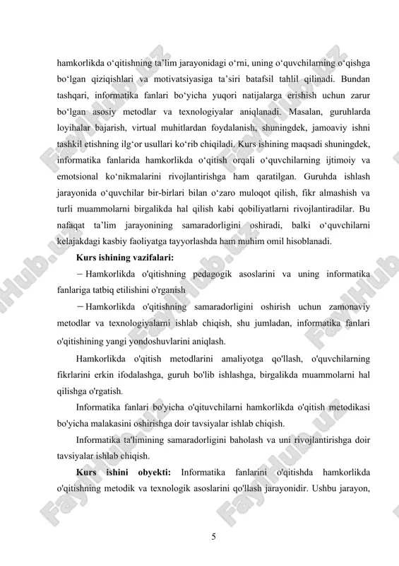 arning emotsional intellektini rivojlantirishni o'z ichiga oladi. kurs ishida, hamkorlikda o'qitishning o'quvchilarning bilim olish jarayoniga qanday ta'sir qilishini o'rganish, shuningdek, o'qituvchilarning pedagogik uslublarini yangilash zarurligi tahlil qilinadi. kurs ishining metadologik asosi: kurs ishi, pedagogika, informatika ta'limi, metodika va innovatsion ta'lim texnologiyalariga asoslanadi. hamkorlikda o'qitish usullari pedagogik tamoyillarga, ya'ni o'quvchilarning mustaqil fikrlash va ijtimoiy ko'nikmalarini rivojlantirishga, samarali ta'lim jarayonini tashkil etishga qaratilgan. tadqiqotda guruhda ishlash, loyiha asosida ishlash, innovatsion ta'lim texnologiyalaridan foydalanish metodlari keltiriladi. kurs ishining amaliy ahamiyati: kurs ishi natijalari informatika fanlarini o'qitishda hamkorlikda o'qitishning samaradorligini oshirishga xizmat qiladi. ushbu ish asosida o'qituvchilarni hamkorlikda o'qitish metodologiyasi bo'yicha malakasini oshirish, o'quvchilarga samarali ta'lim berish va informatika fanlari bo'yicha ta'lim sifatini oshirish bo'yicha ilmiy tavsiyalar ishlab chiqiladi. shuningdek, hamkorlikda o'qitishning o'quvchilar uchun ta'limga qiziqish, bilimlarni mustahkamlash va jamoaviy ish ko'nikmalarini rivojlantirishdagi o'rni tahlil qilinadi. kurs ishining amaliy ahamiyati o'qituvchilarning pedagogik faoliyatida hamkorlikda o'qitishni qo'llashning samaradorligini oshirishga xizmat qiladi. kurs ishi ishining tarkibiy …