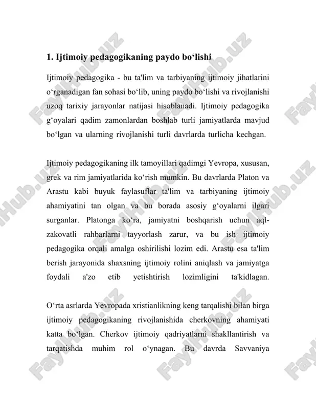ularning iqtisodiy va ijtimoiy sharoitlariga moslashtirilgan turli dasturlar rivojlanmoqda. masalan, 2015 yilda birlashgan millatlar tashkiloti tomonidan qabul qilingan barqaror rivojlanish maqsadlari ijtimoiy pedagogika sohasida yangi strategiyalarni rivojlantirish zaruriyatini keltirib chiqardi. bu maqsadlar ichida, albatta, sifatli ta'lim, tenglikni ta'minlash va ijtimoiy adolatni o'rnatish masalalari mavjud bo'lgani uchun ijtimoiy pedagogika bu maqsadlarning amalga oshirilishida asosiy rol o'ynaydi. xulosa qilib aytganda, ijtimoiy pedagogikaning rivojlanishi ijtimoiy muhit va shaxslar o'rtasidagi o'zaro aloqalarni chuqurroq o'rganish, yangi tarbiyaviy usullarni tadbiq etish va shaxsning jamiyatda barkamol shaxs sifatida rivojlanishini ta’minlashda muhim o'rin tutadi. 3. ijtimoiy pedagogikaning nazariy asosi "ijtimoiy pedagogikaning nazariy asosi" mavzusi bo‘yicha quyidagi ma’lumotlar berilishi mumkin: ijtimoiy pedagogika – bu shaxsning ijtimoiy rivojlanishi, ijtimoiy muhit sharoitida tarbiya va ta'limning nazariy va amaliy jihatlarini o'rganuvchi fan sohasi hisoblanadi. bu fan bolalar, o'smirlar, yoshlar va umuman jamiyat a'zolari ijtimoiylashuv jarayoni bilan shug'ullanadi. ijtimoiy pedagogika o'z oldiga qo'ygan maqsadlardan biri bu shaxsni jamiyatga ijtimoiy jihatdan moslashtirishdir. uning asosiy …