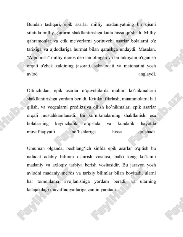 tini tushuntirish. o'quvchilarga epik asarlar yozilgan davr, ijtimoiy va madaniy muhit haqida ma'lumot berish juda muhimdir. masalan, "alpomish", "manas", "iliada" yoki "odisseya" kabi asarlar faqat adabiy yodgorliklar emas, balki o'z davrining aksini ham beradi. bu asarlar orqali o'quvchilar tarixiy voqealarni, urf-odatlarni va qadimiy madaniyatlarni o'rganadilar. ikkinchi usul – epik asarlarni qismlarga ajratib o'rgatish. ko'pincha epik asarlar hajmi katta bo'lganligi sababli, ularni to'liq o'qish qiyin bo'lishi mumkin. shu sababli, o'quvchilarga asarni qismlarga bo'lib, muhim epizodlarni tahlil qilish orqali tushuntirish tavsiya etiladi. bu holatda, asarning asosiy syujet chizig'i, qahramonlar va ularning o'ziga xos xususiyatlari haqida gapirish mumkin. uchinchi usul – interaktiv metodlardan foydalanish. zamon talablariga mos ravishda, interaktiv ta'lim usullari tobora mashhur bo'lib bormoqda. masalan, epik asarlarni teatr ko'rinishida sahnalashtirish yoki multimedia vositalari yordamida vizualizatsiyasini yaratish orqali o'quvchilarning diqqat-e'tiborini oshirish mumkin. raqamli platformalar va e-kitoblar orqali asarlar bilan tanishish ham bu jarayonni yanada qulaylashtiradi. to'rtinchi usul – epik asarlarni zamonaviy asarlar bilan …